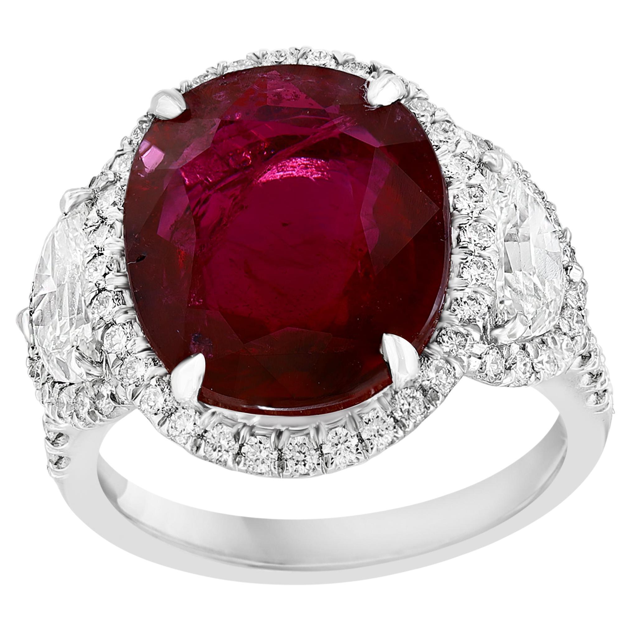 Certified 8.02 Carat Oval Cut Ruby and Diamond Three-Stone Halo Ring in Platinum For Sale