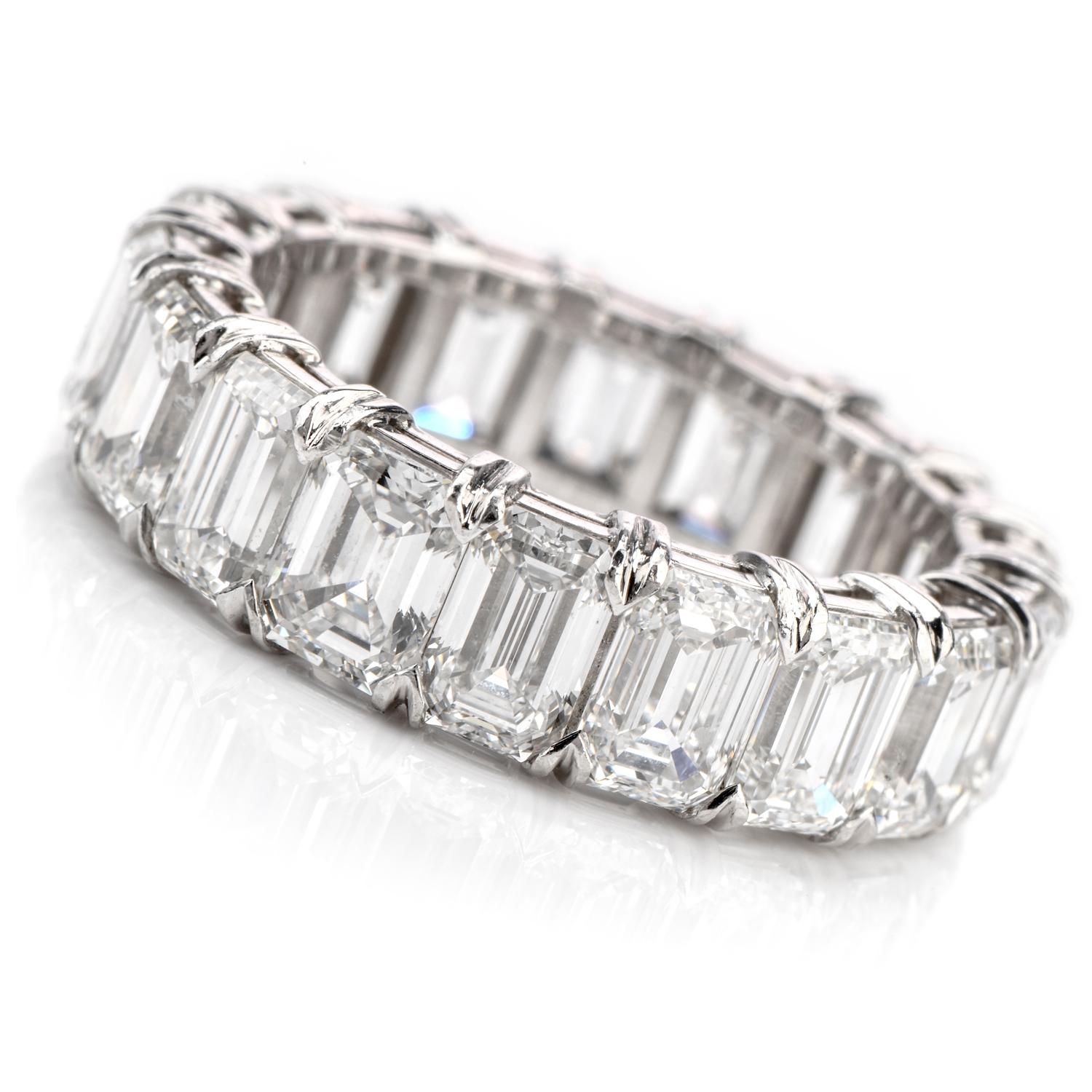 A Refined Elegance is a statement describing this incredible

GIA Certified Emerald Cut Diamond Eternity Band Ring.

19 Vibrant, White Emerald Cut Diamonds wrap around this band from 

end to end.  ALl of G-I color and VVS1-VS1, the