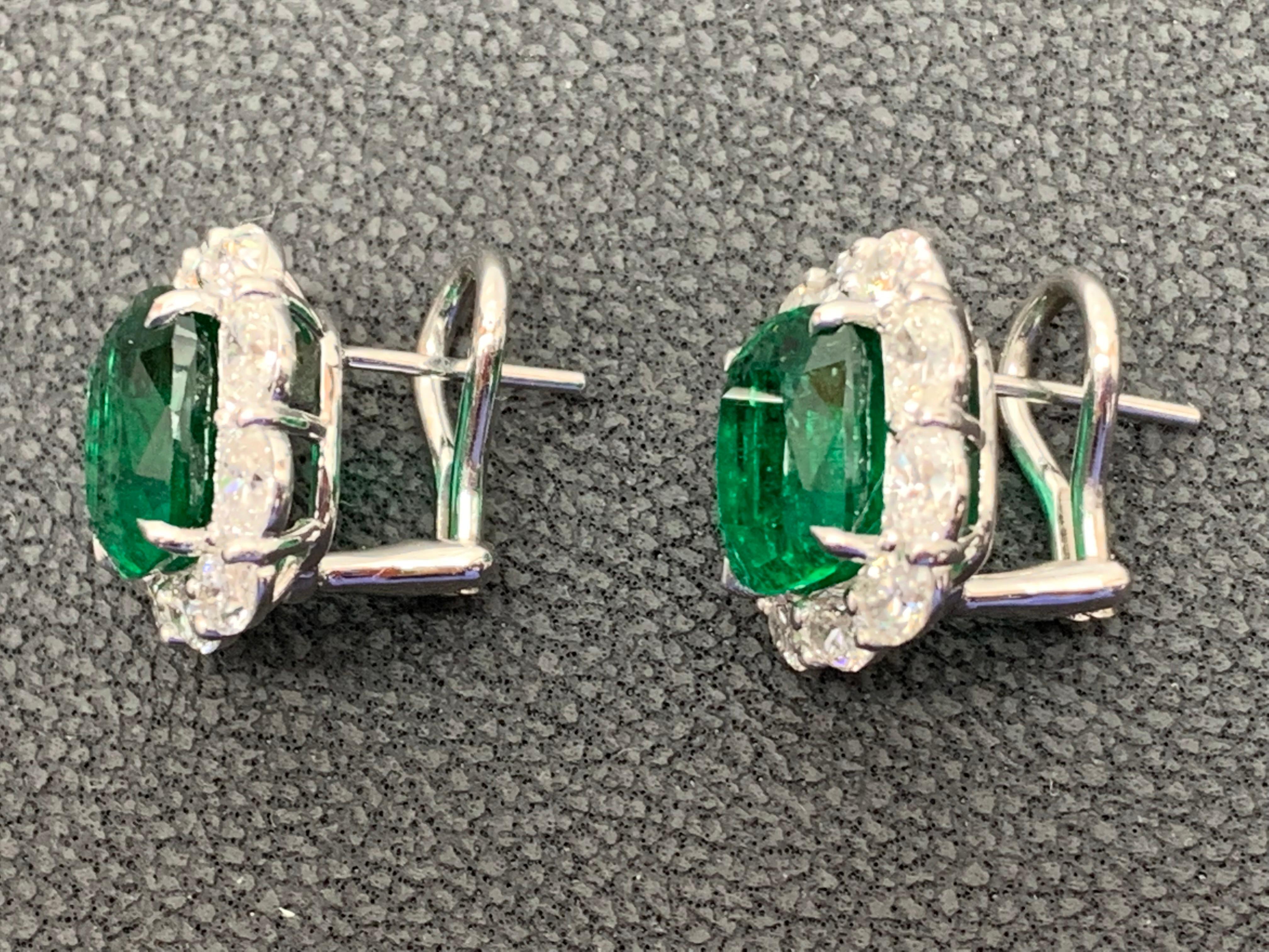 CERTIFIED 8.04 Carat Cushion Cut Emerald Diamond Halo Earring in 18K White Gold For Sale 5
