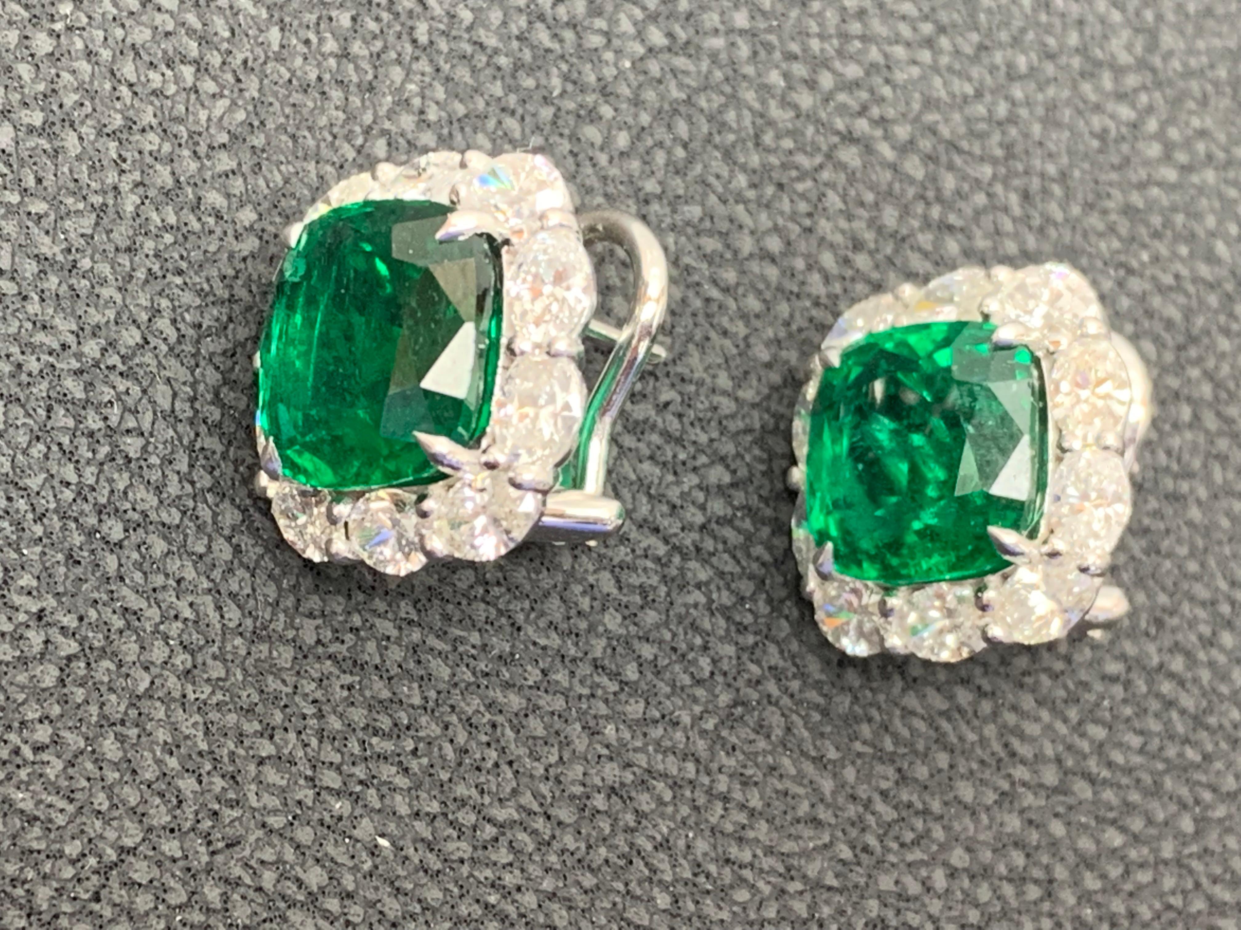 CERTIFIED 8.04 Carat Cushion Cut Emerald Diamond Halo Earring in 18K White Gold For Sale 6