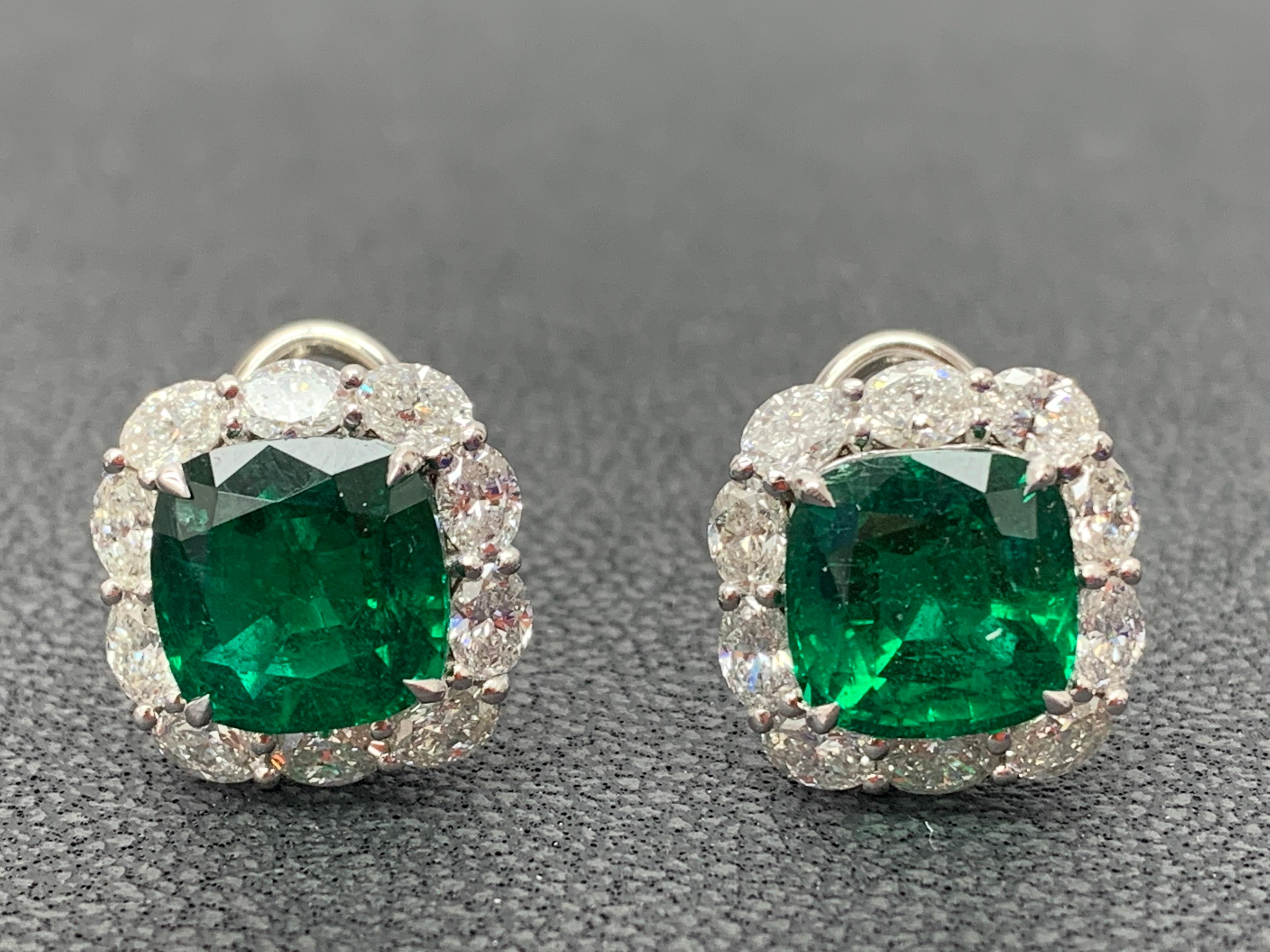 CERTIFIED 8.04 Carat Cushion Cut Emerald Diamond Halo Earring in 18K White Gold In New Condition For Sale In NEW YORK, NY