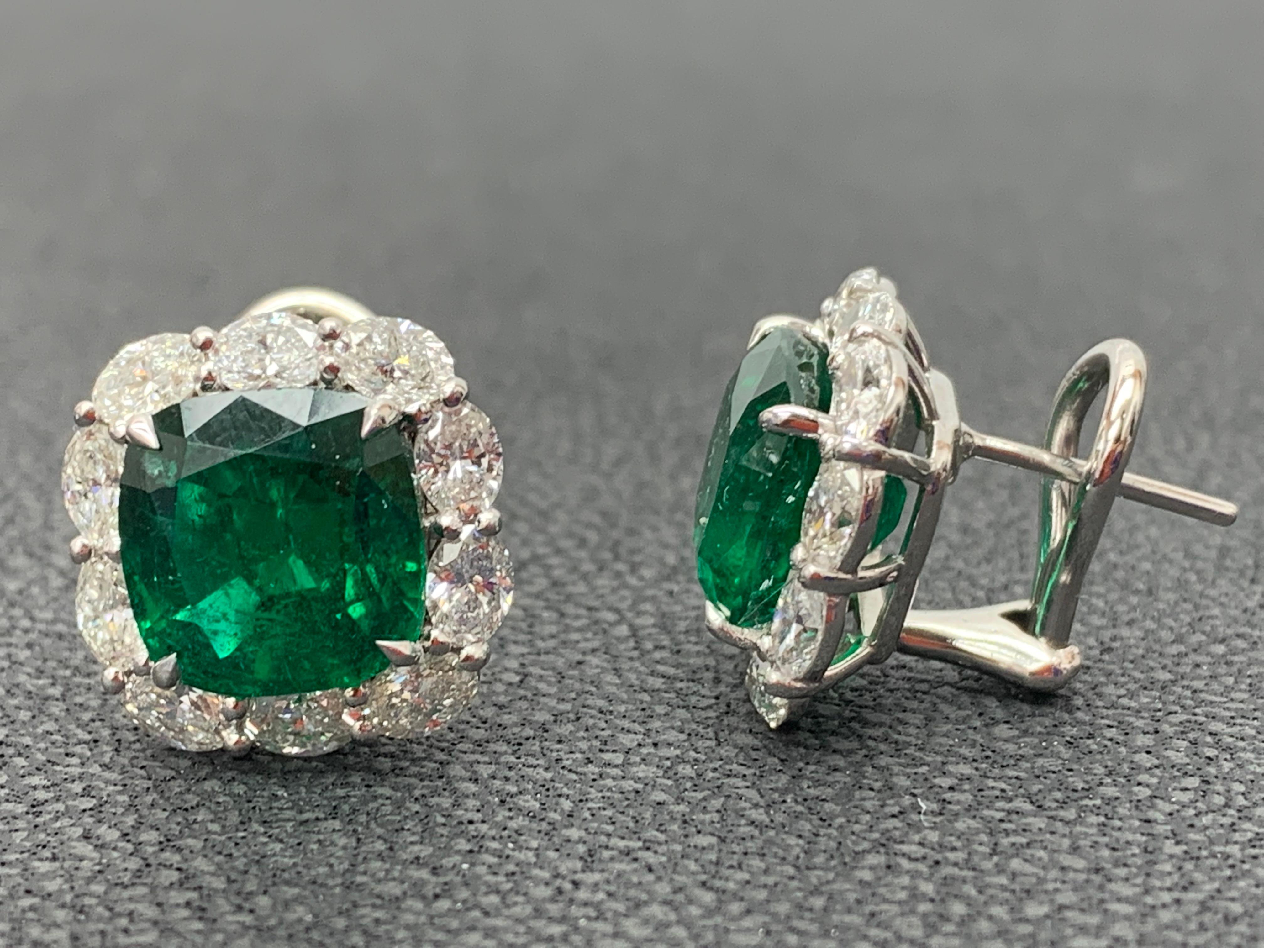 Women's CERTIFIED 8.04 Carat Cushion Cut Emerald Diamond Halo Earring in 18K White Gold For Sale