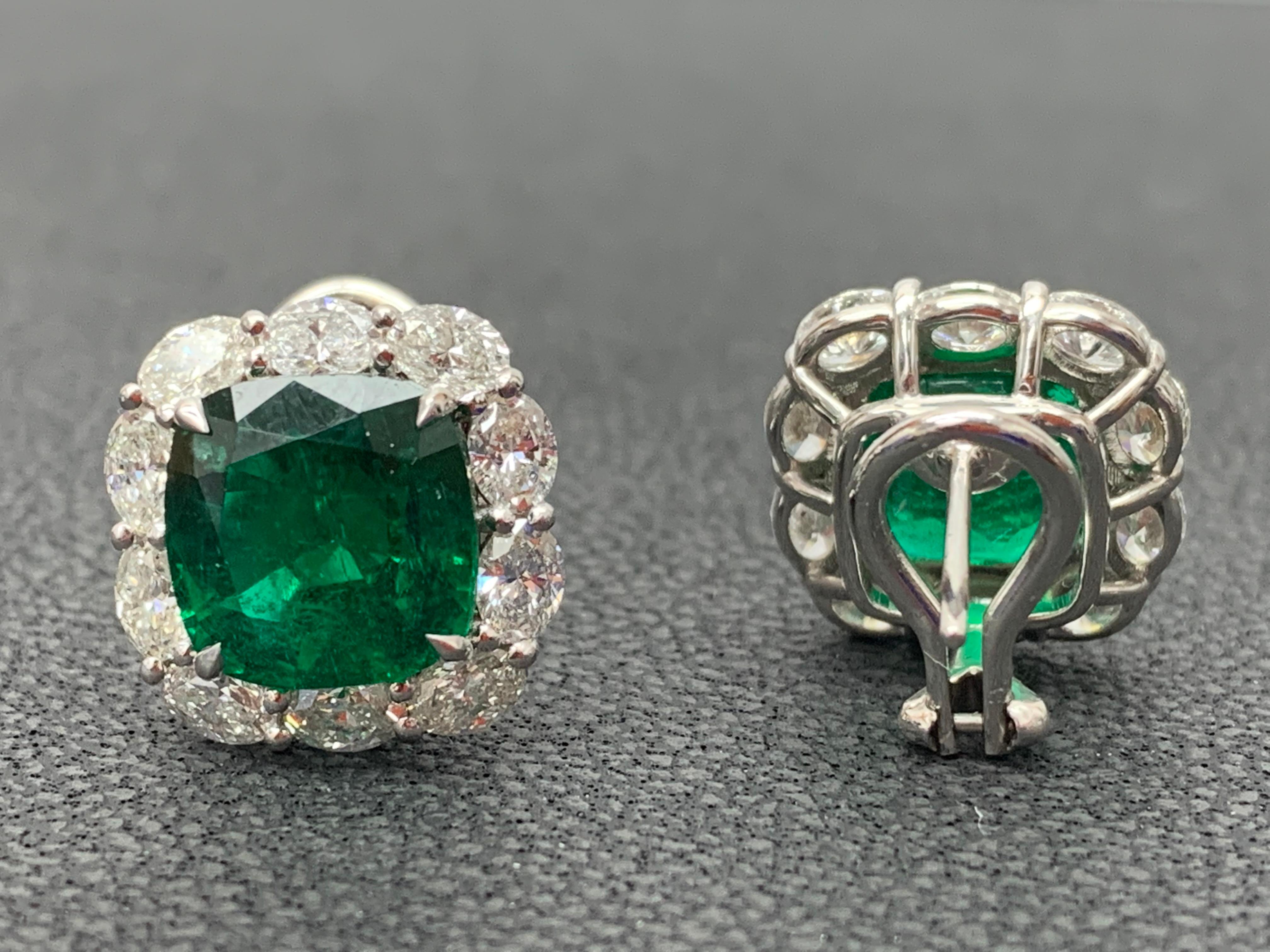 CERTIFIED 8.04 Carat Cushion Cut Emerald Diamond Halo Earring in 18K White Gold For Sale 1