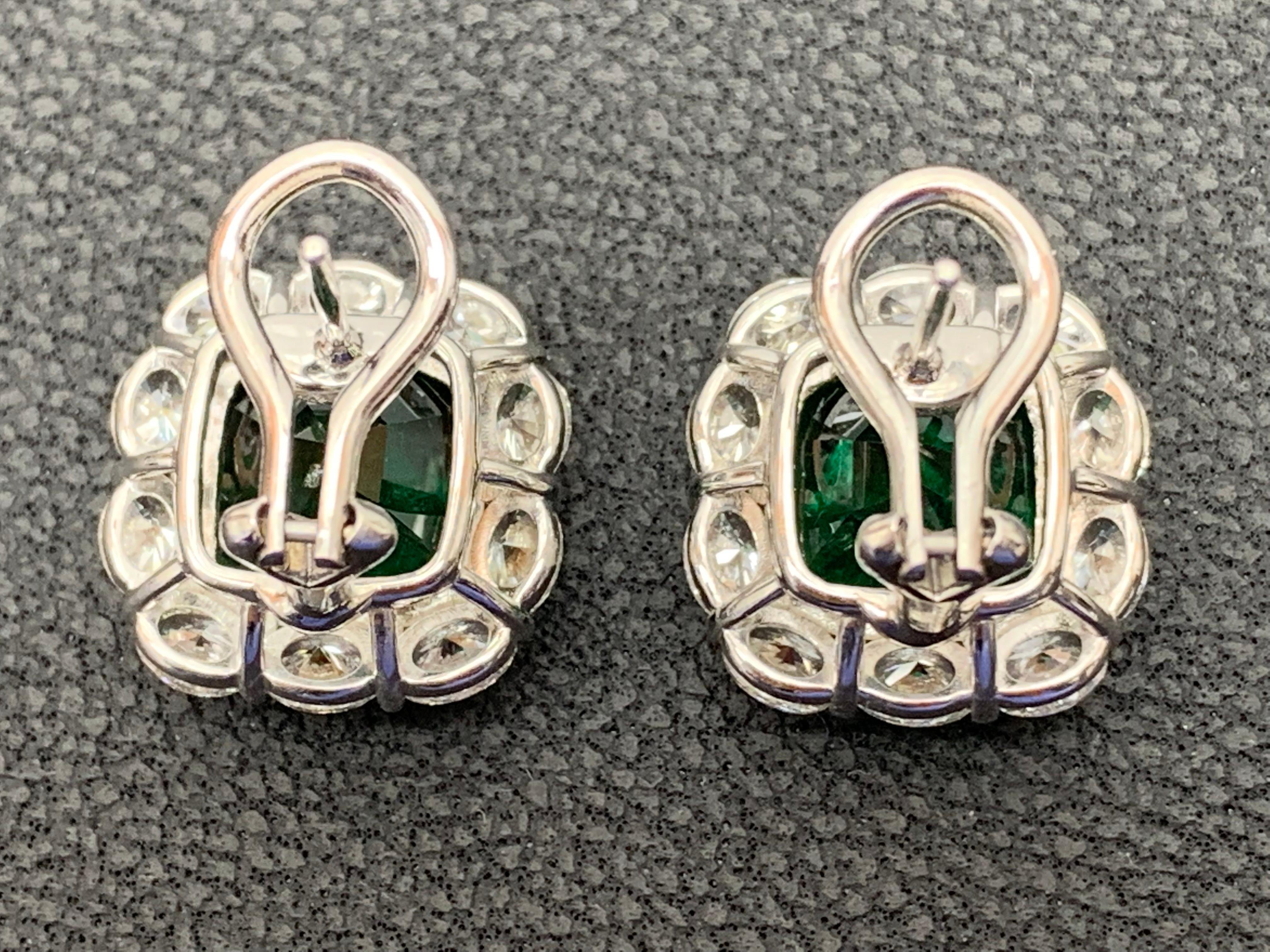 CERTIFIED 8.04 Carat Cushion Cut Emerald Diamond Halo Earring in 18K White Gold For Sale 3