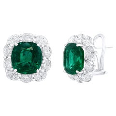 CERTIFIED 8.04 Carat Cushion Cut Emerald Diamond Halo Earring in 18K White Gold