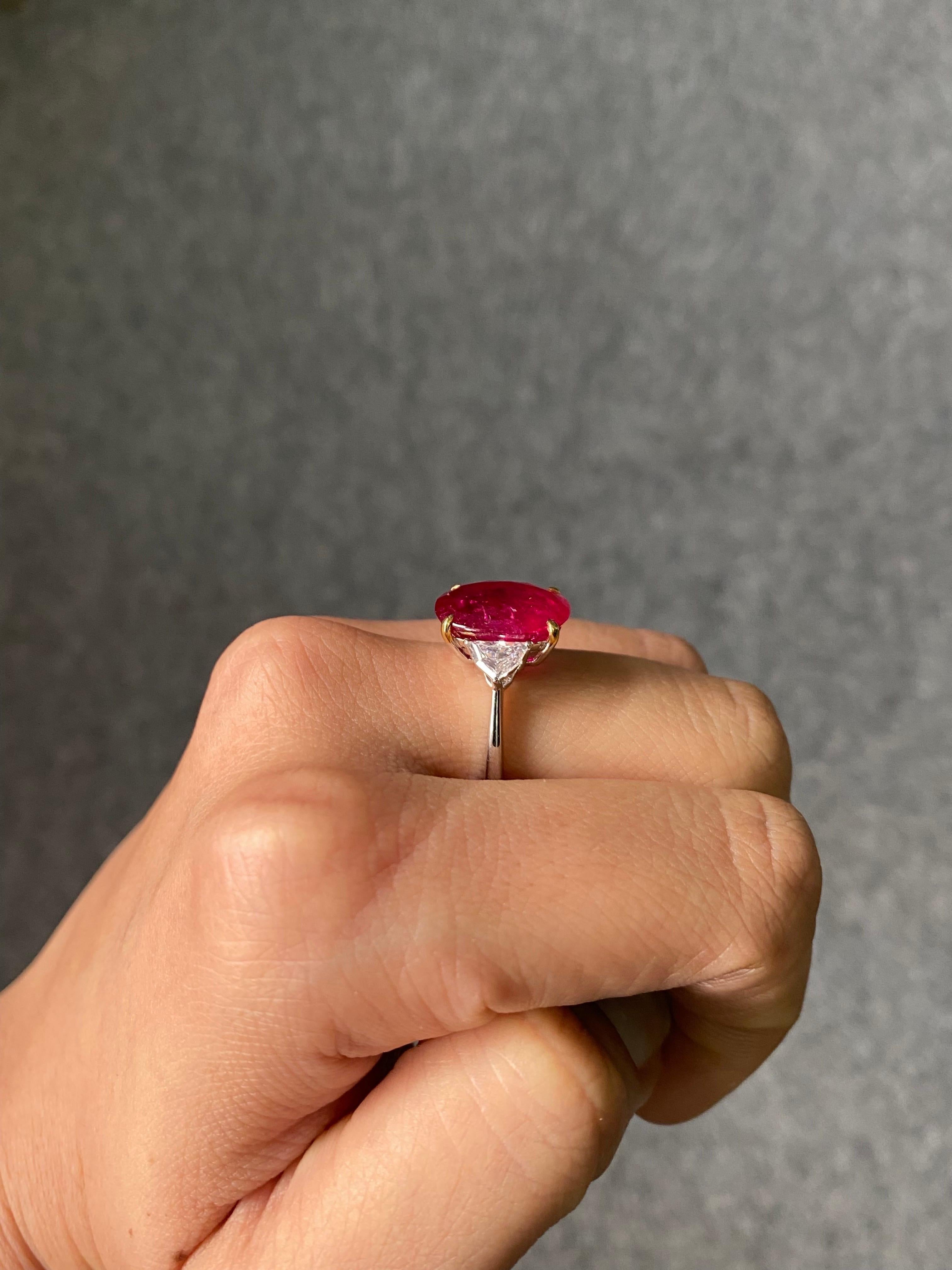 Oval Cut  Certified 8.11 Carat Mozambique Ruby and Diamond Three Stone Engagement Ring For Sale