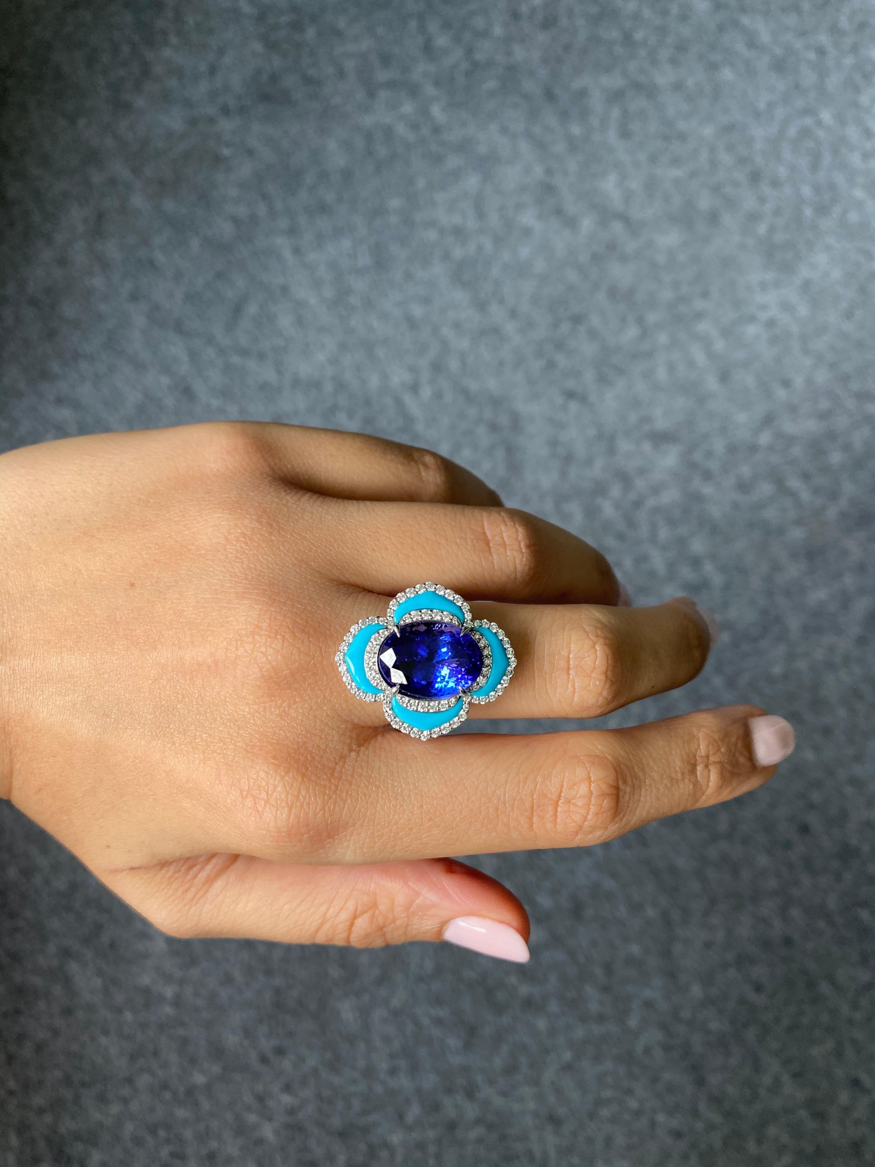 Art Deco Certified 8.16 Carat Tanzanite and Turquoise Cocktail Ring