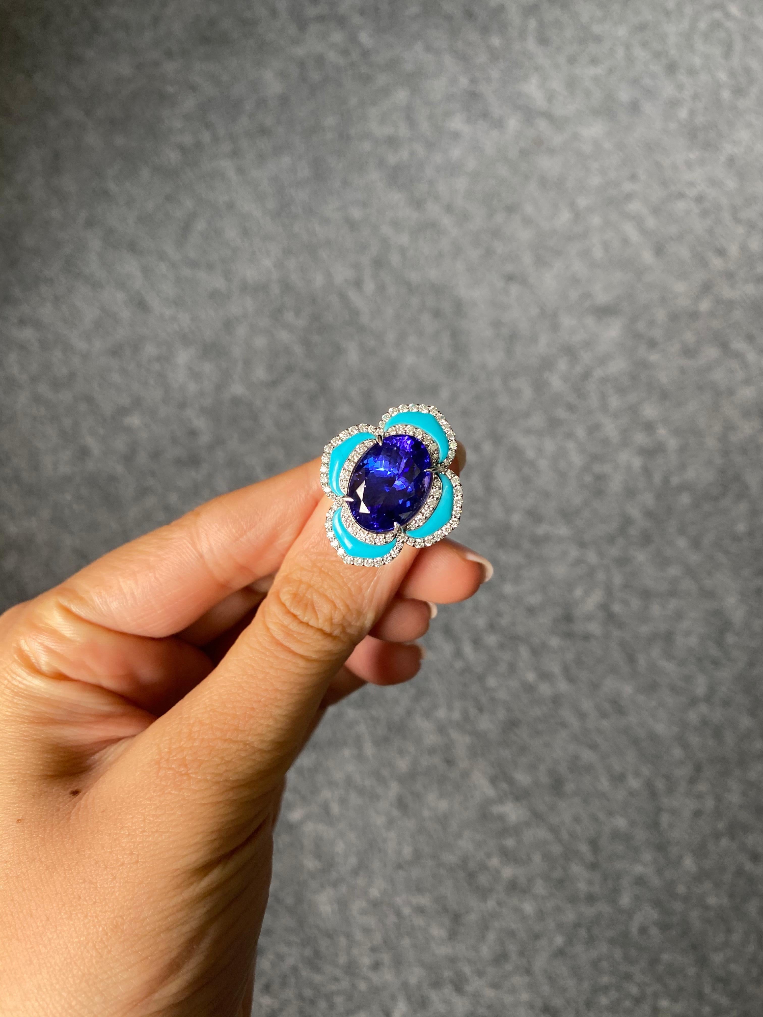 Oval Cut Certified 8.16 Carat Tanzanite and Turquoise Cocktail Ring