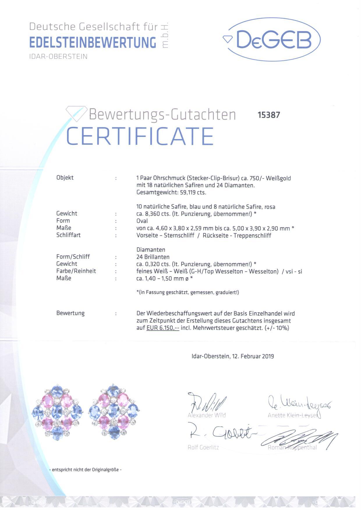Certified 8.3 Carat Pink Blue Sapphire Diamond White Gold Ear Studs, London 2004 1