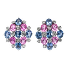 Certified 8.3 Carat Pink Blue Sapphire Diamond White Gold Ear Studs, London 2004 Certified 8.3 Carat Pink Blue Sapphire Diamond White Gold Ear Studs, London 2004