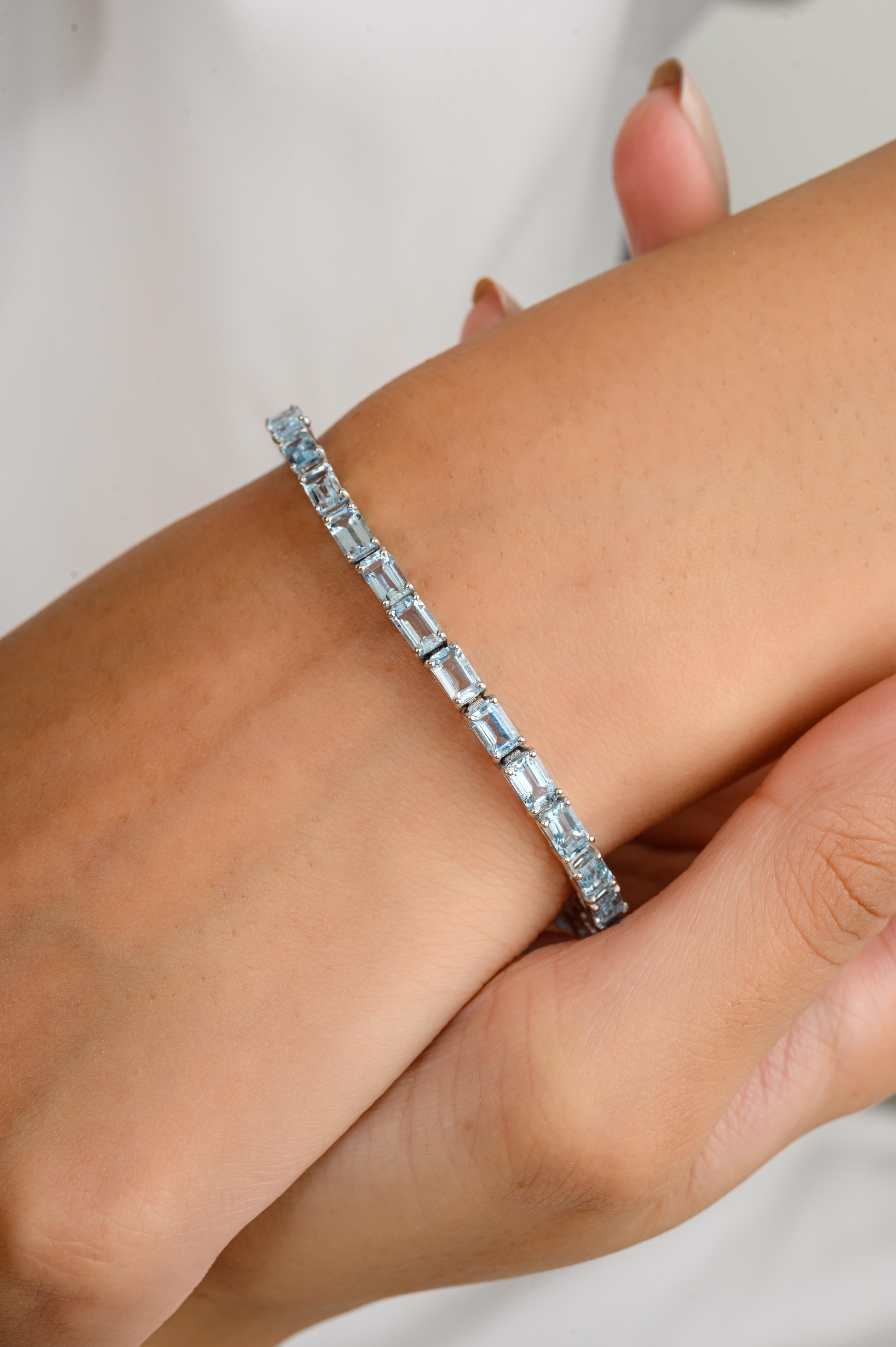 Pulsera de tenis de aguamarina baguette certificada de 8,3 quilates en oro blanco macizo de 18 quilates Corte baguette en venta