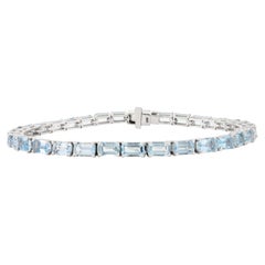 Bracelet tennis en or blanc massif 18 carats avec aigue-marine baguette certifiée de 8,3 carats
