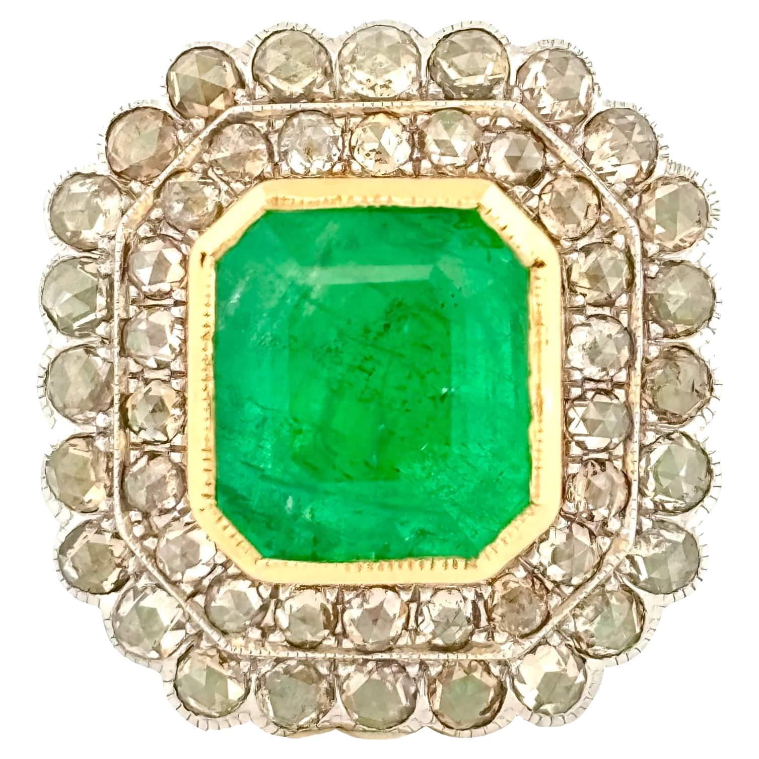Certified 8.30 Carat Art Deco Style Emerald Ring with Rose Cut Diamonds For Sale