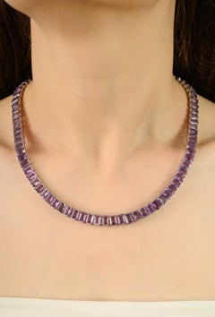 Certified 84.58 Ct Natural Amethyst Long Tennis Necklace Luxury Gift in Silver