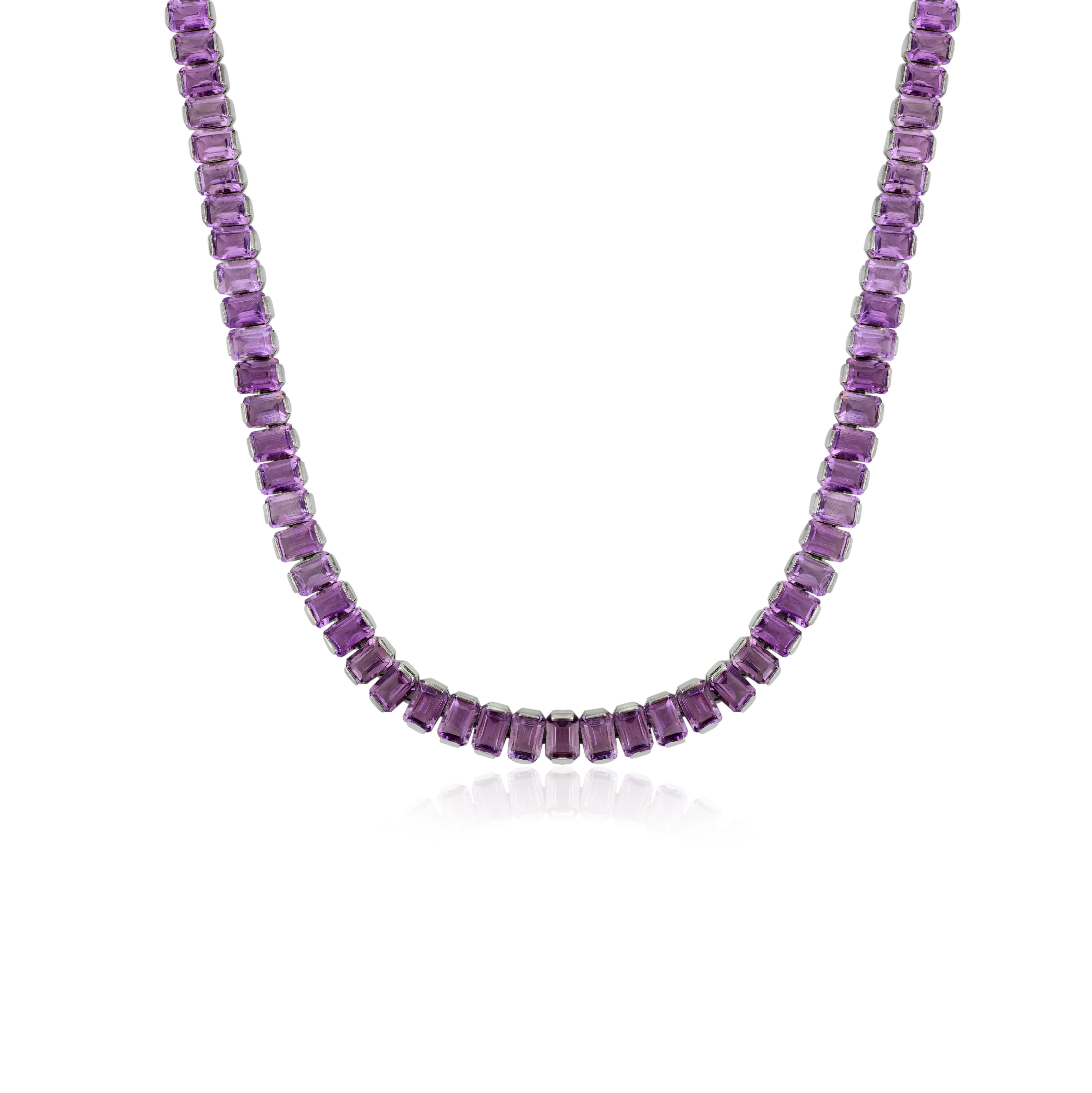 Moderne Certified 84.58 Ct Natural Amethyst Long Tennis Necklace Luxury Gift in Silver en vente