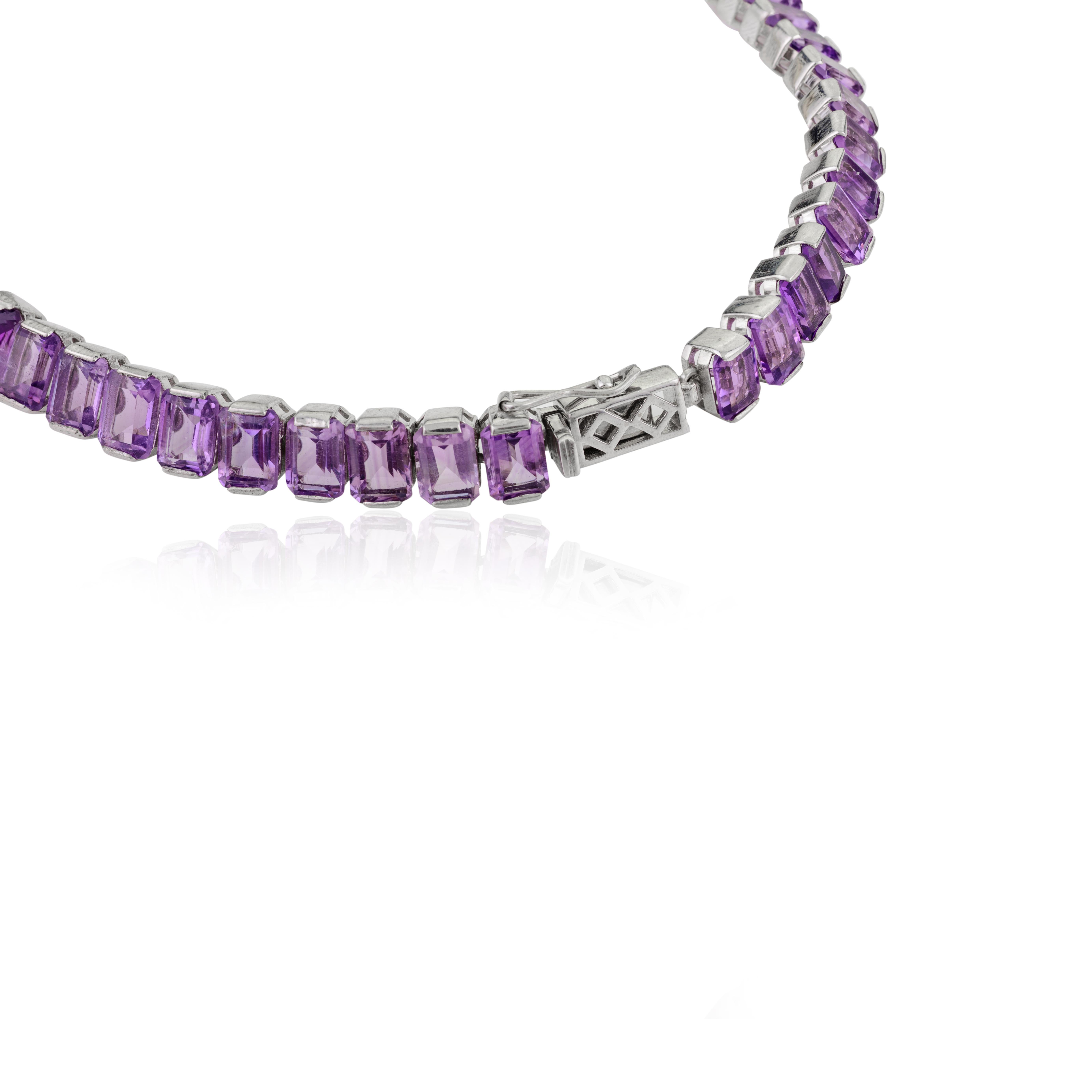 Taille octogone Certified 84.58 Ct Natural Amethyst Long Tennis Necklace Luxury Gift in Silver en vente
