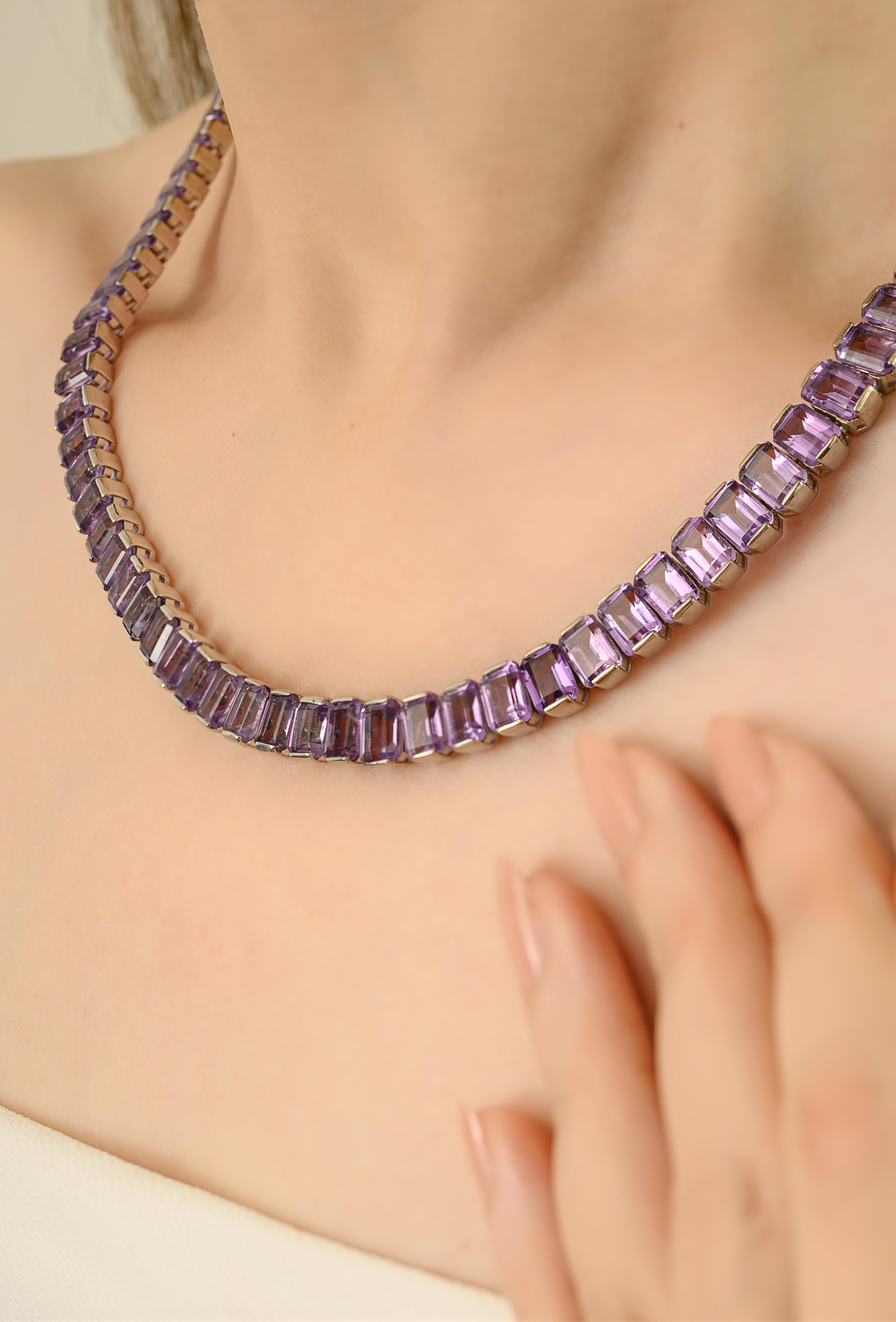 Collar largo de tenis de amatista natural certificada de 84,58 qt Regalo de lujo en plata Corte octogonal en venta
