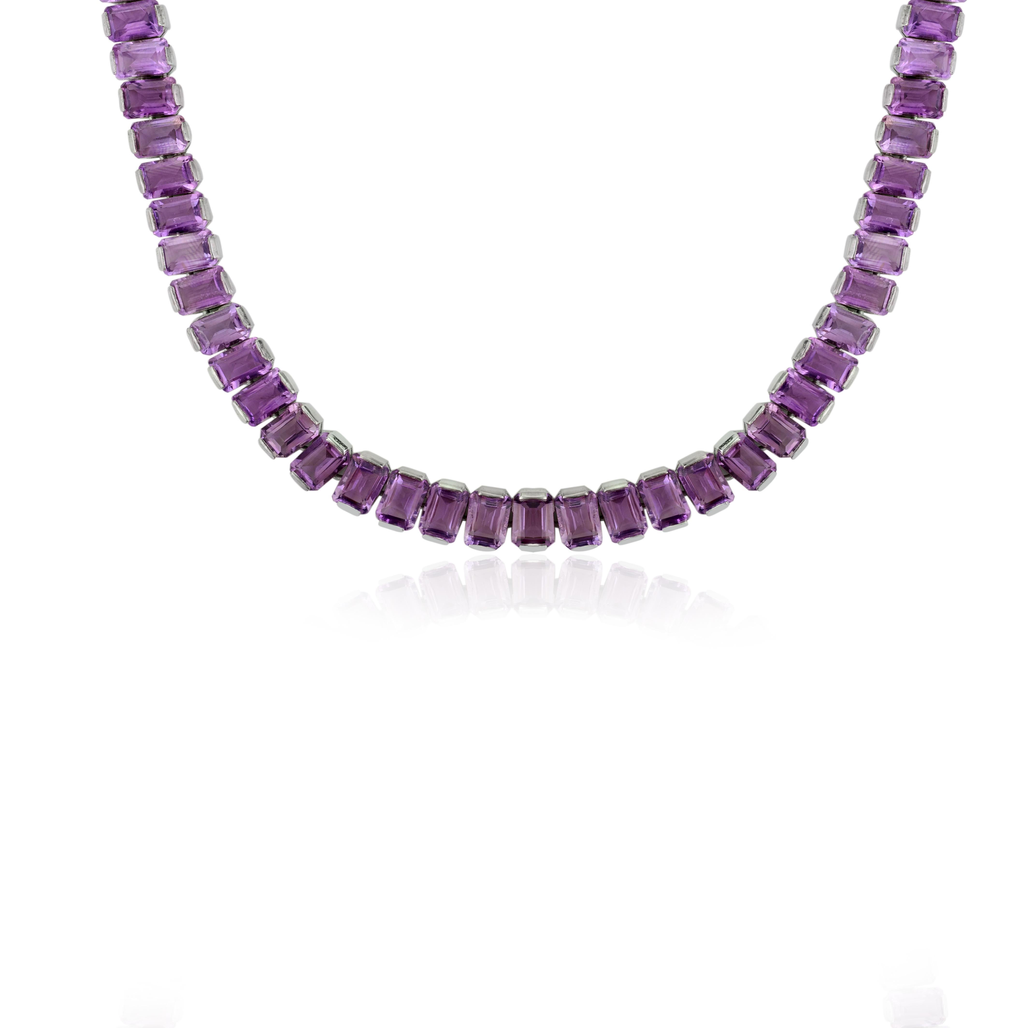 Certified 84.58 Ct Natural Amethyst Long Tennis Necklace Luxury Gift in Silver Neuf - En vente à New York, NY