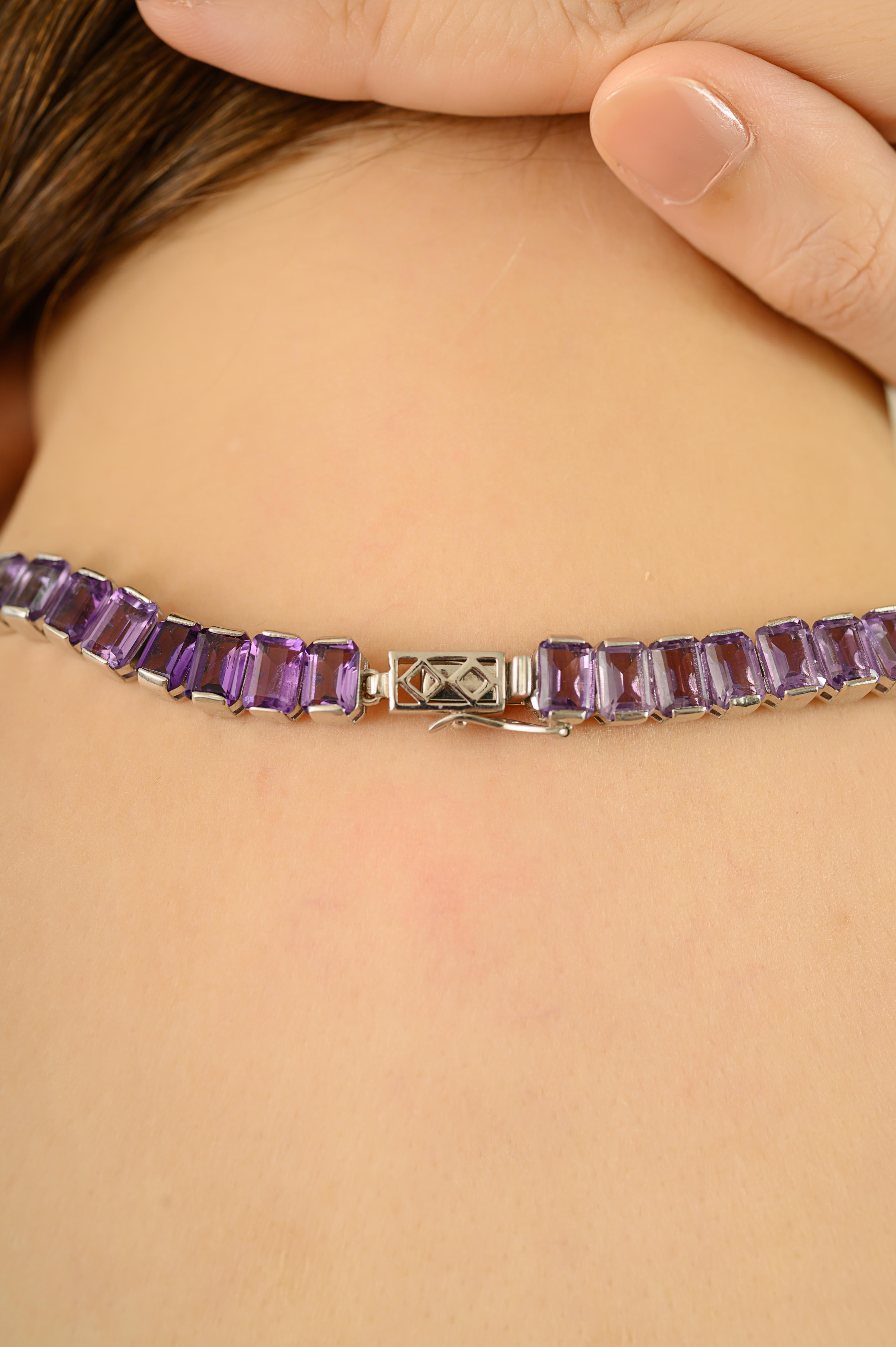 Collar largo de tenis de amatista natural certificada de 84,58 qt Regalo de lujo en plata en venta 2
