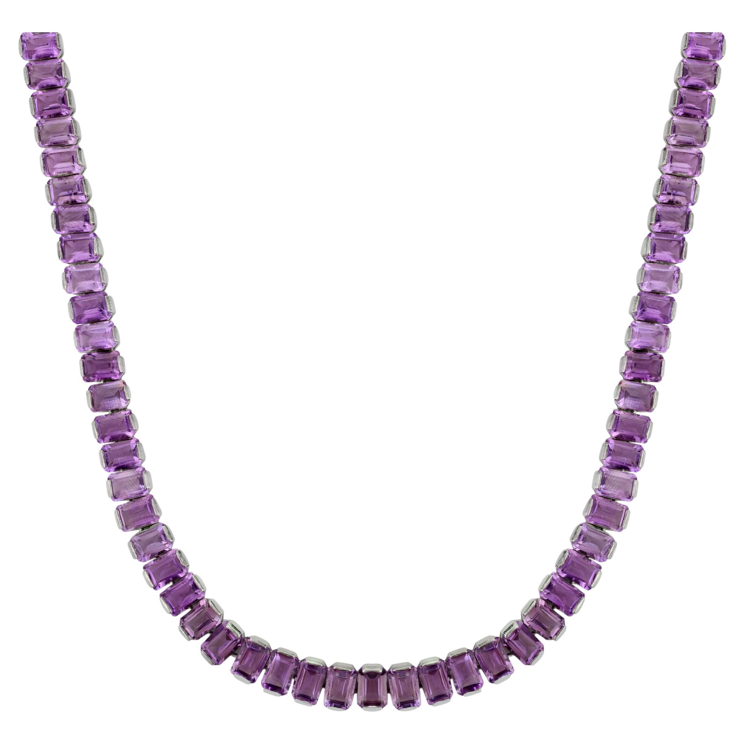 Certified 84.58 Ct Natural Amethyst Long Tennis Necklace Luxury Gift in Silver