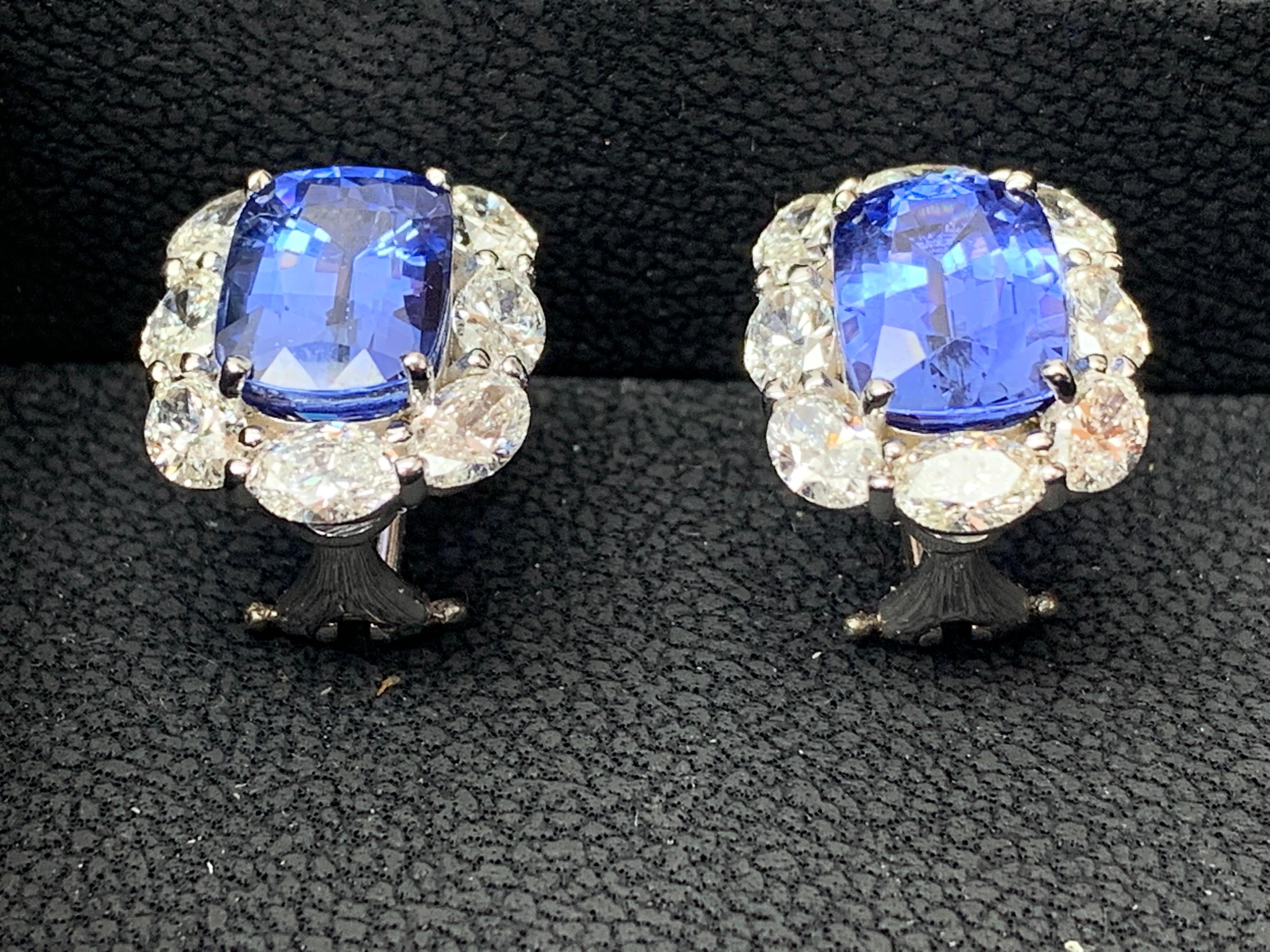 Certified 8.49 Carat Cushion Cut Sapphire  Diamond Halo Earring in 18K Whitegold For Sale 1