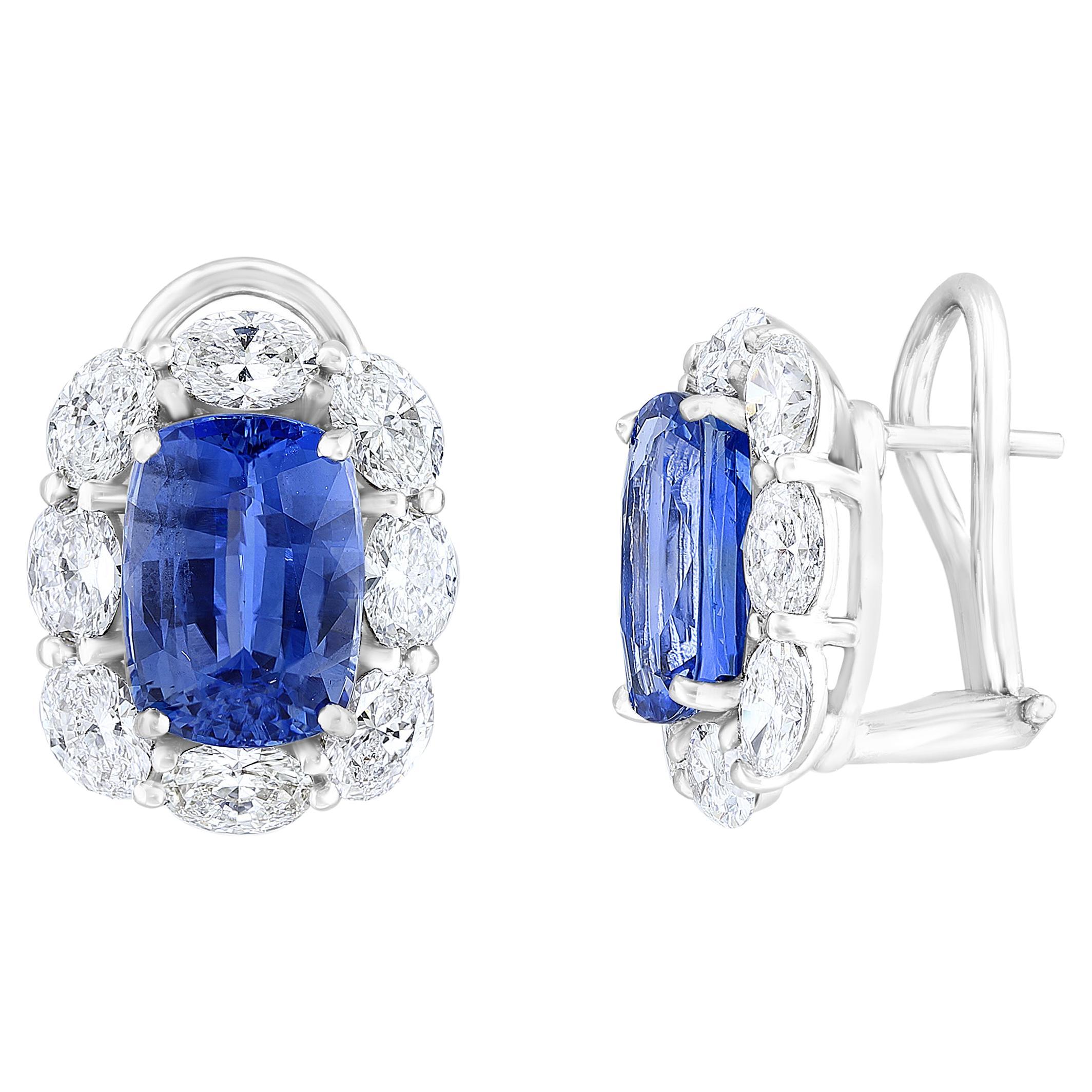 Certified 8.49 Carat Cushion Cut Sapphire  Diamond Halo Earring in 18K Whitegold For Sale