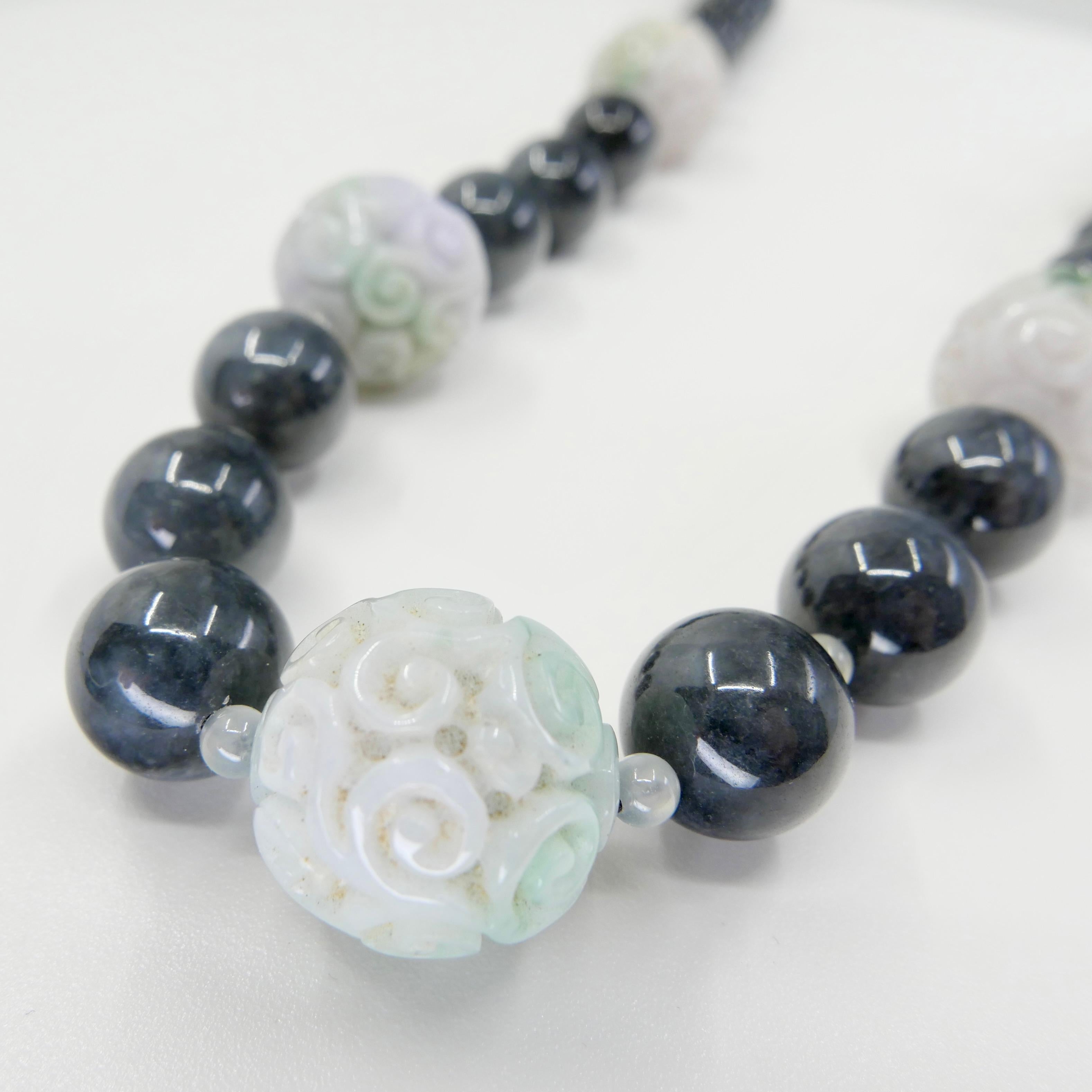 Certified 850cts Jade Bead Necklace, Lavender, Green, Black & Grey, Lucky Jade For Sale 6