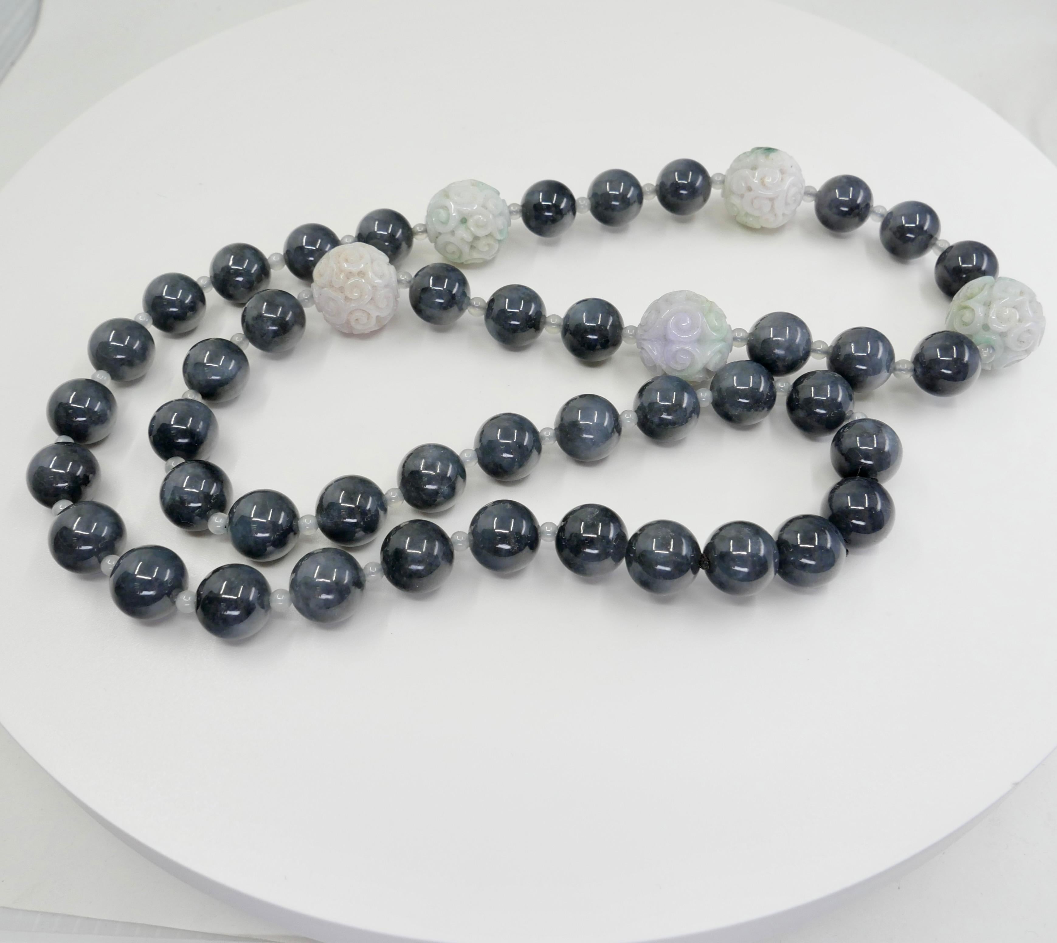 Certified 850cts Jade Bead Necklace, Lavender, Green, Black & Grey, Lucky Jade For Sale 7