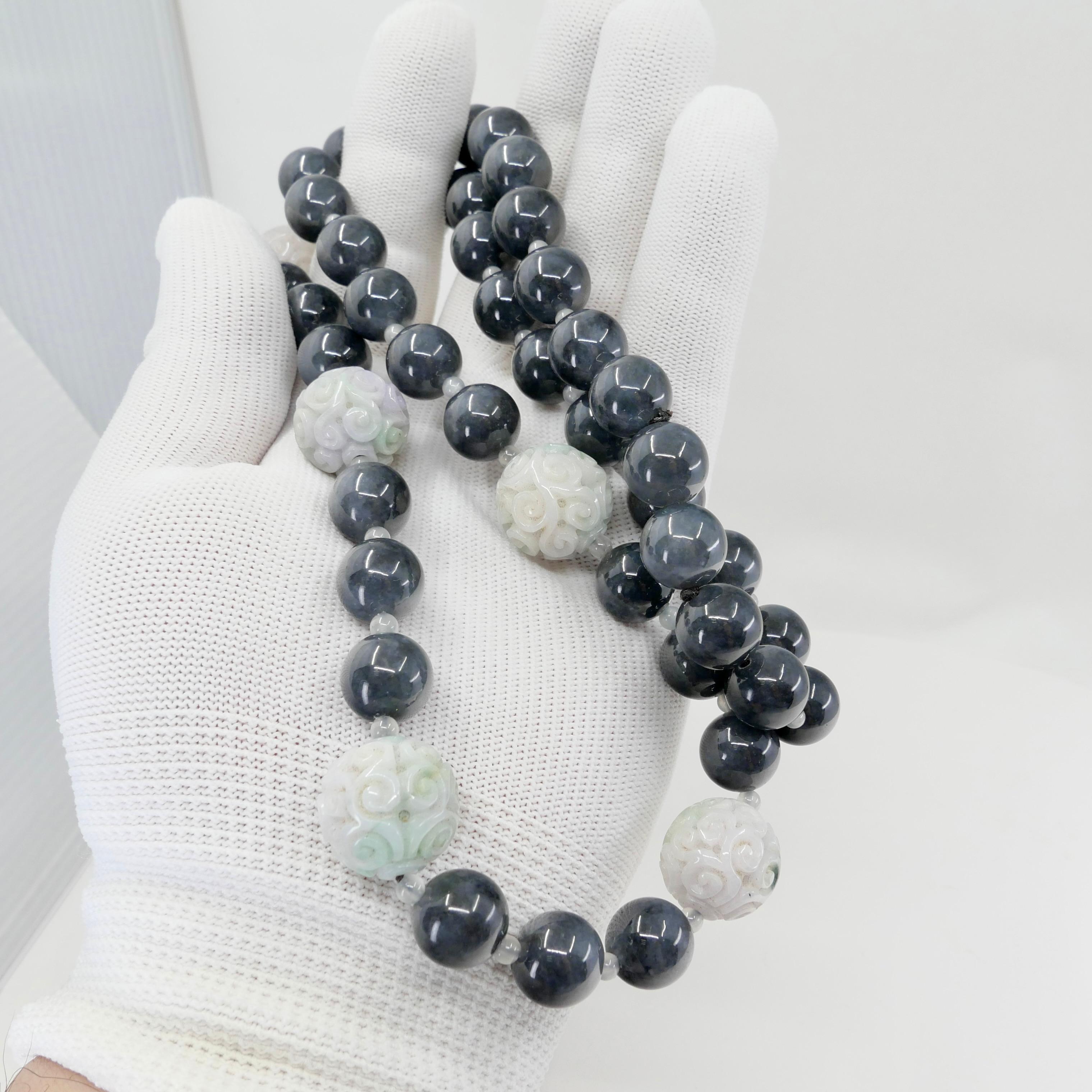 Certified 850cts Jade Bead Necklace, Lavender, Green, Black & Grey, Lucky Jade For Sale 8