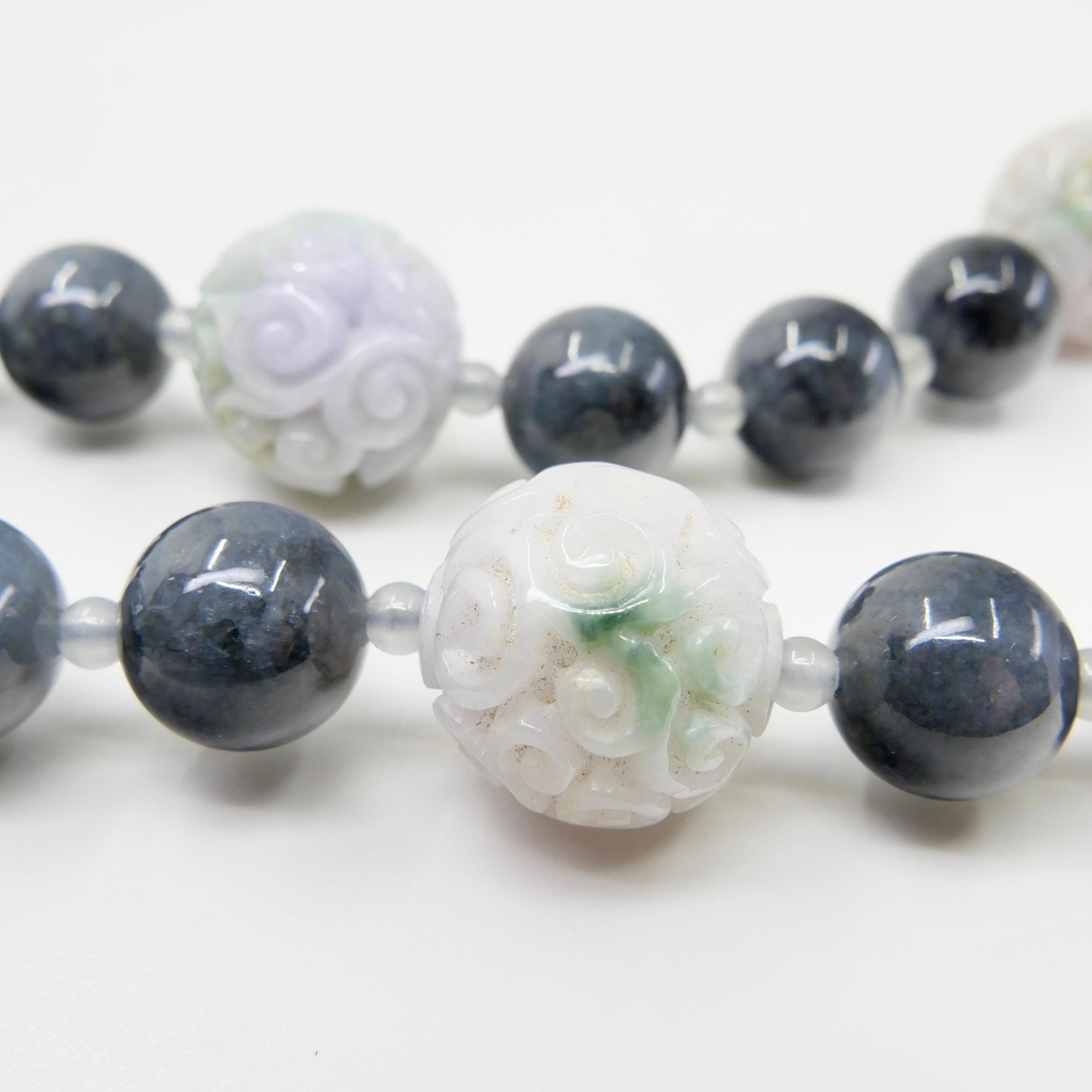 Certified 850cts Jade Bead Necklace, Lavender, Green, Black & Grey, Lucky Jade For Sale 9