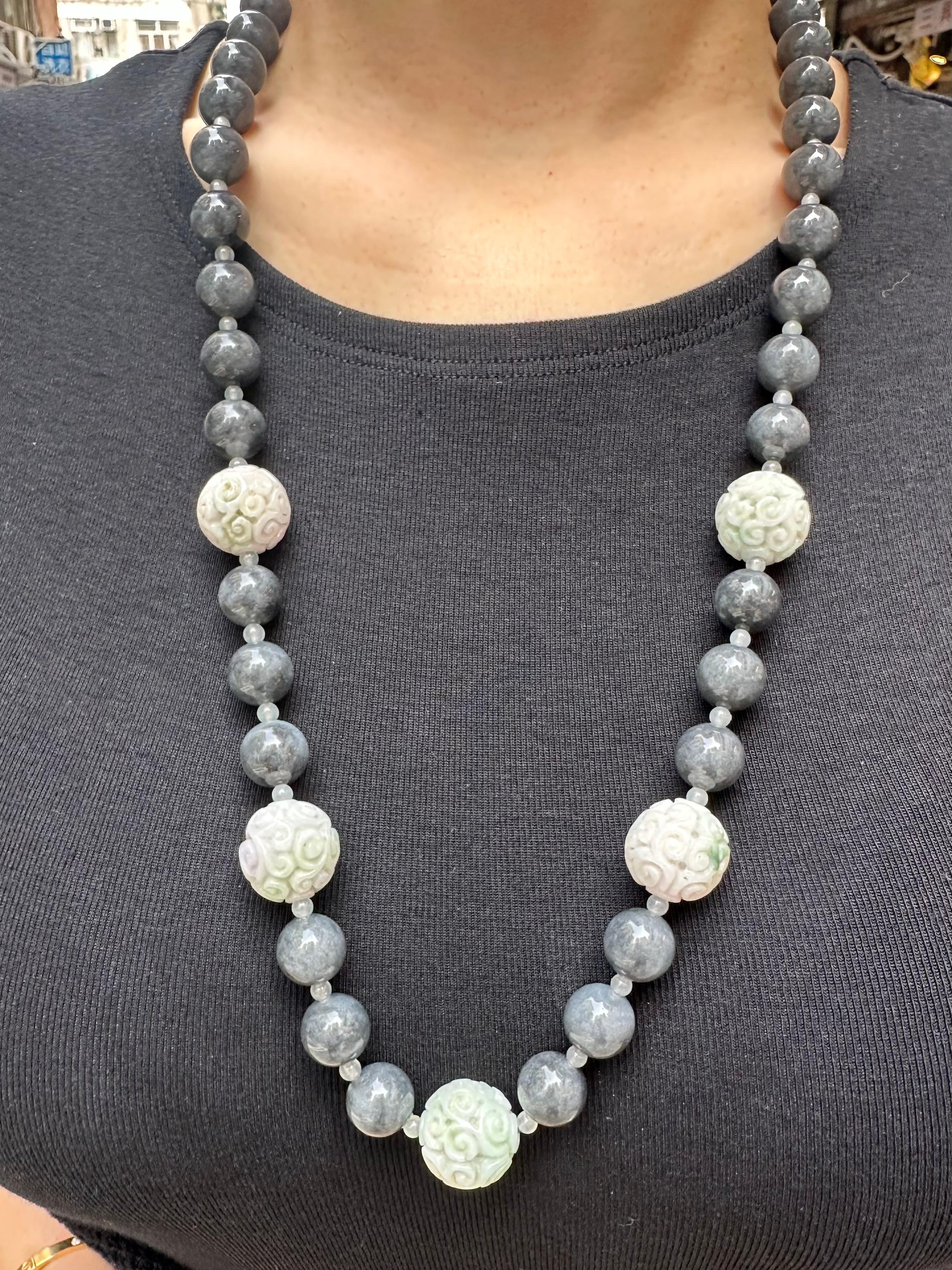Certified 850cts Jade Bead Necklace, Lavender, Green, Black & Grey, Lucky Jade For Sale 11