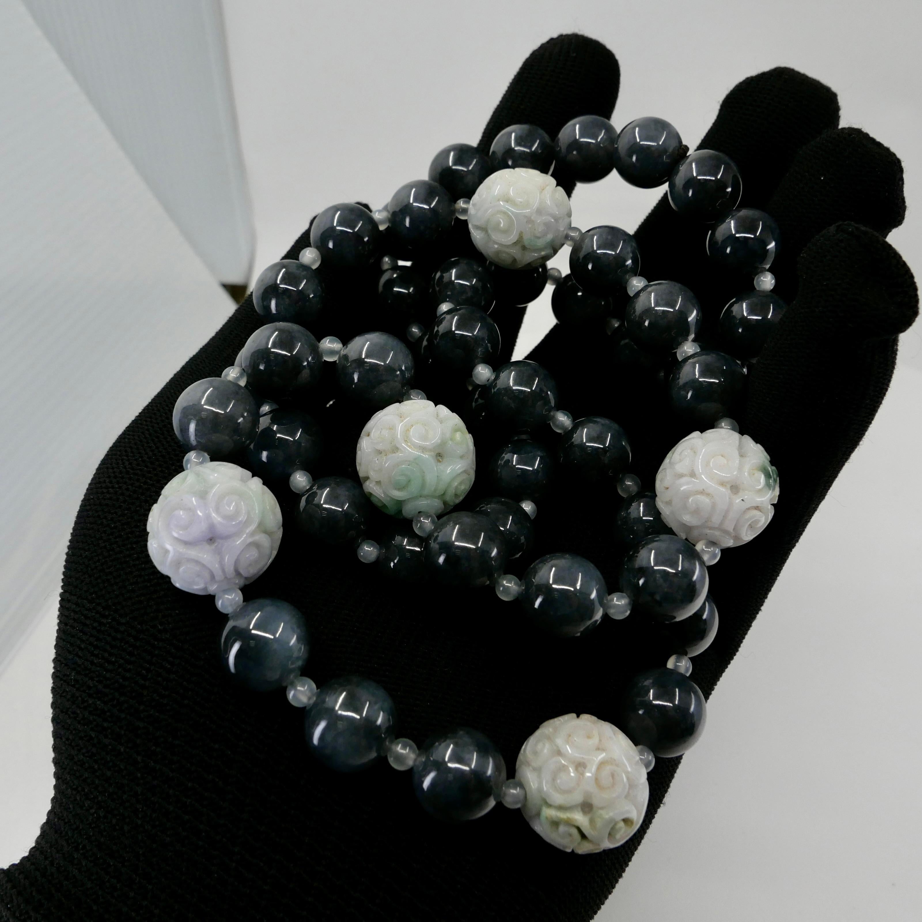 Certified 850cts Jade Bead Necklace, Lavender, Green, Black & Grey, Lucky Jade For Sale 12
