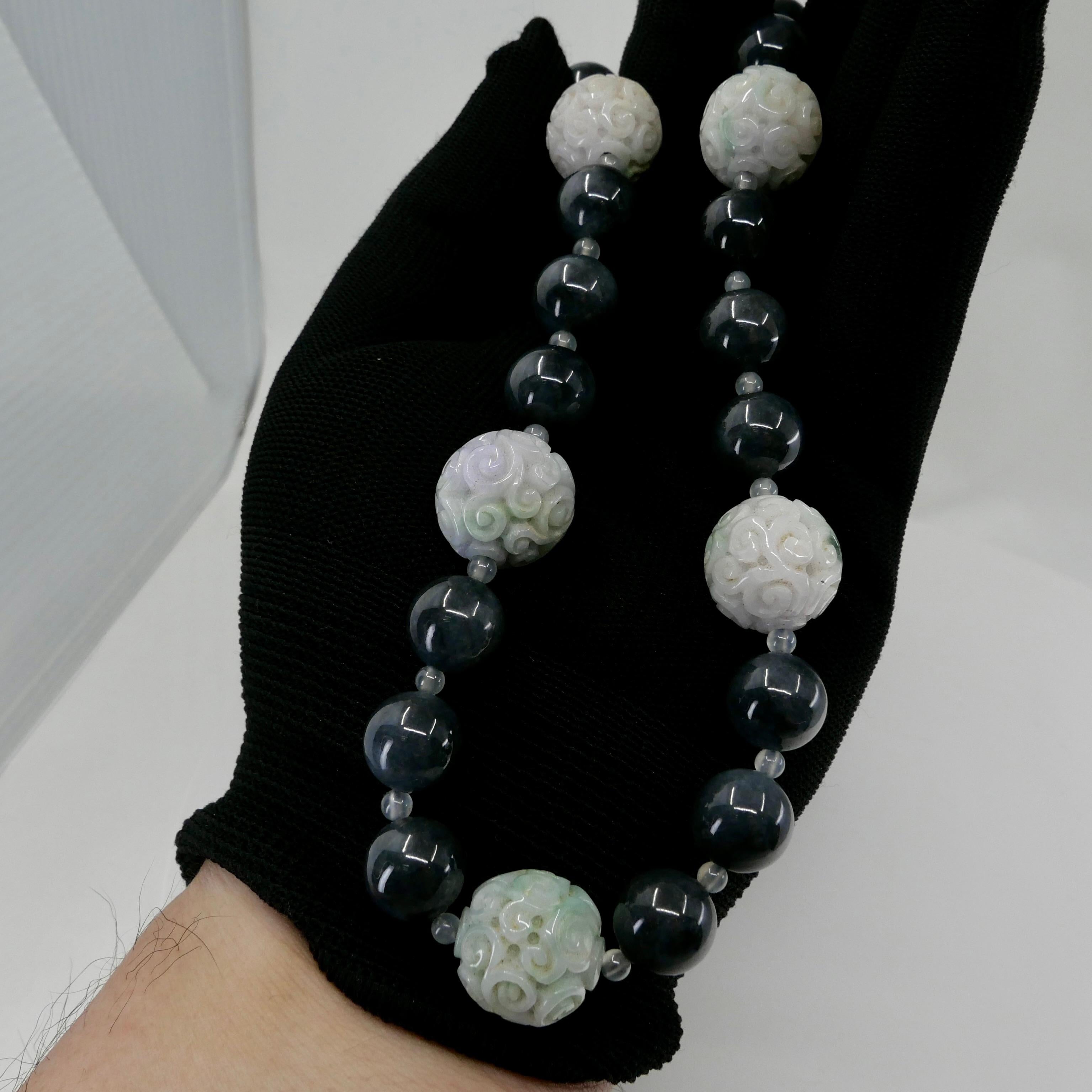 Certified 850cts Jade Bead Necklace, Lavender, Green, Black & Grey, Lucky Jade For Sale 13