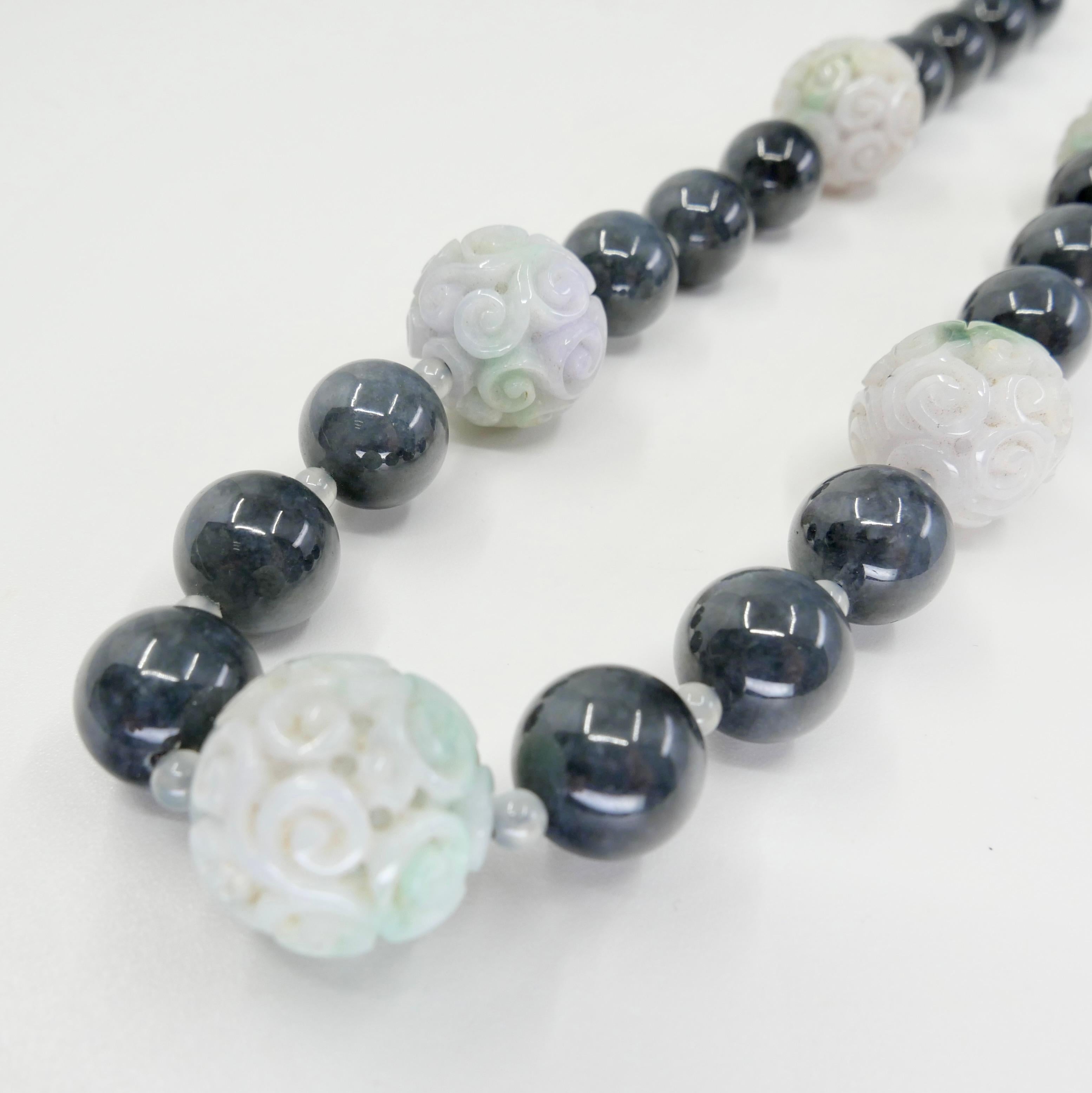 Certified 850cts Jade Bead Necklace, Lavender, Green, Black & Grey, Lucky Jade In New Condition For Sale In Hong Kong, HK