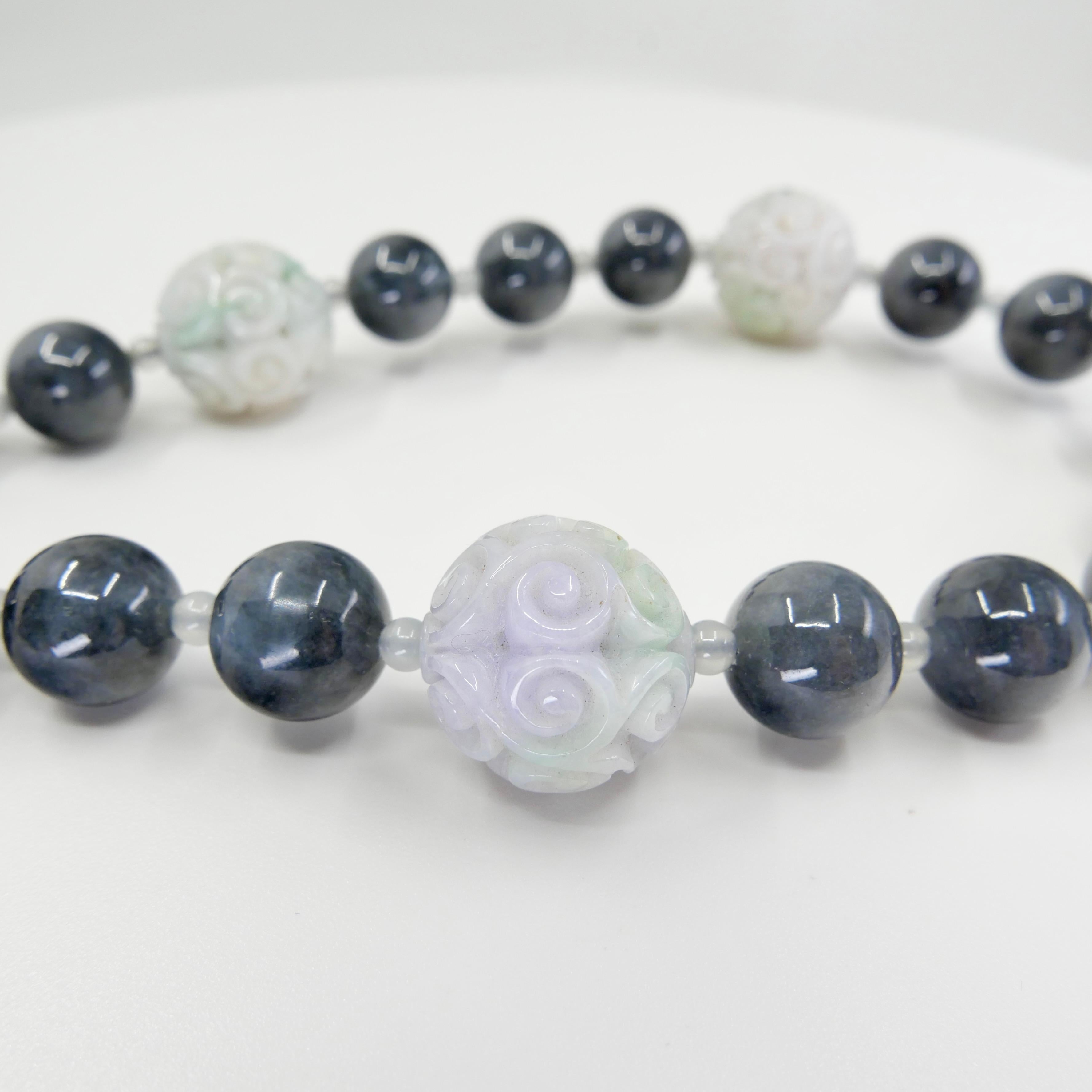 Certified 850cts Jade Bead Necklace, Lavender, Green, Black & Grey, Lucky Jade For Sale 1