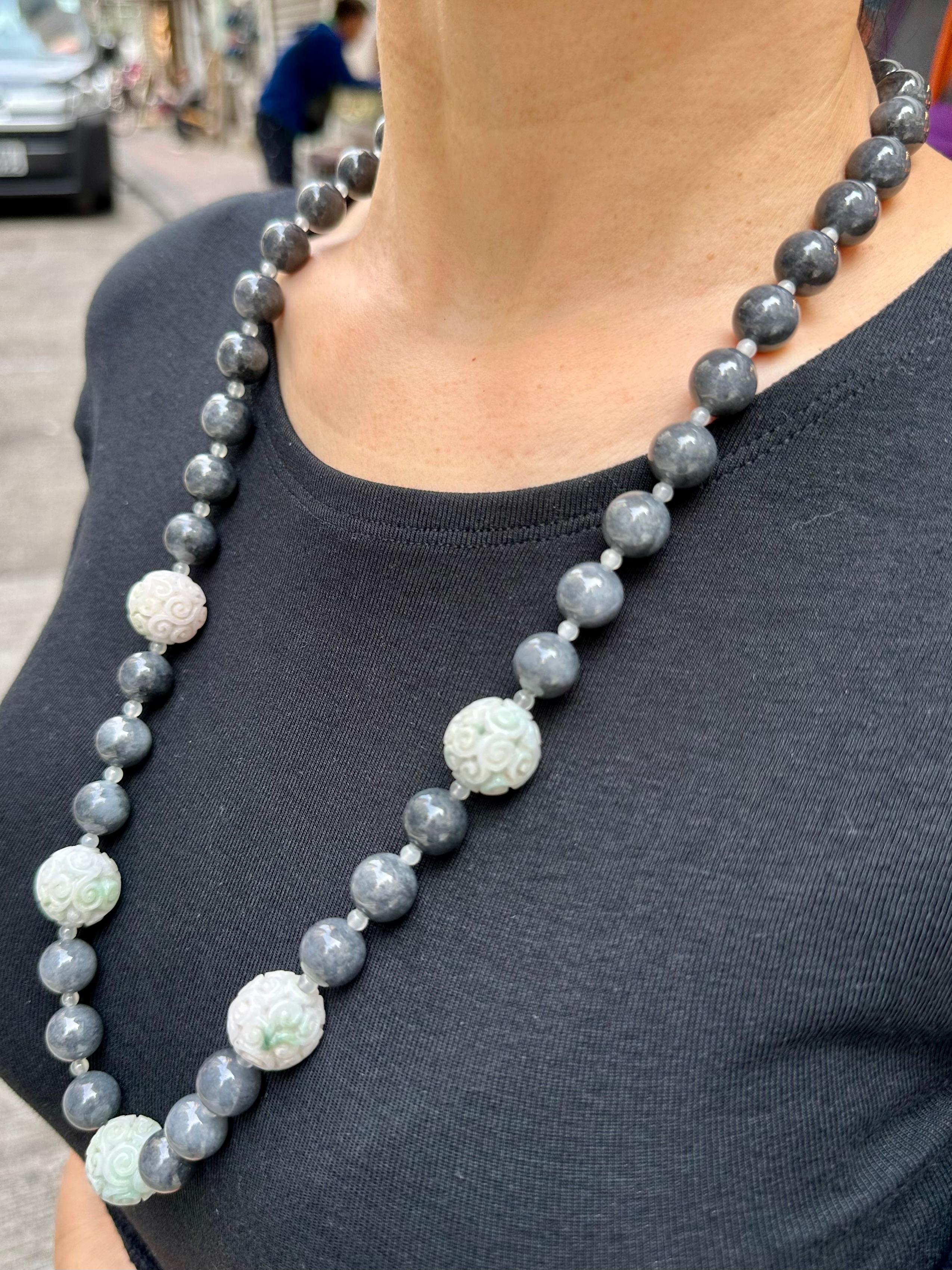 Certified 850cts Jade Bead Necklace, Lavender, Green, Black & Grey, Lucky Jade For Sale 3