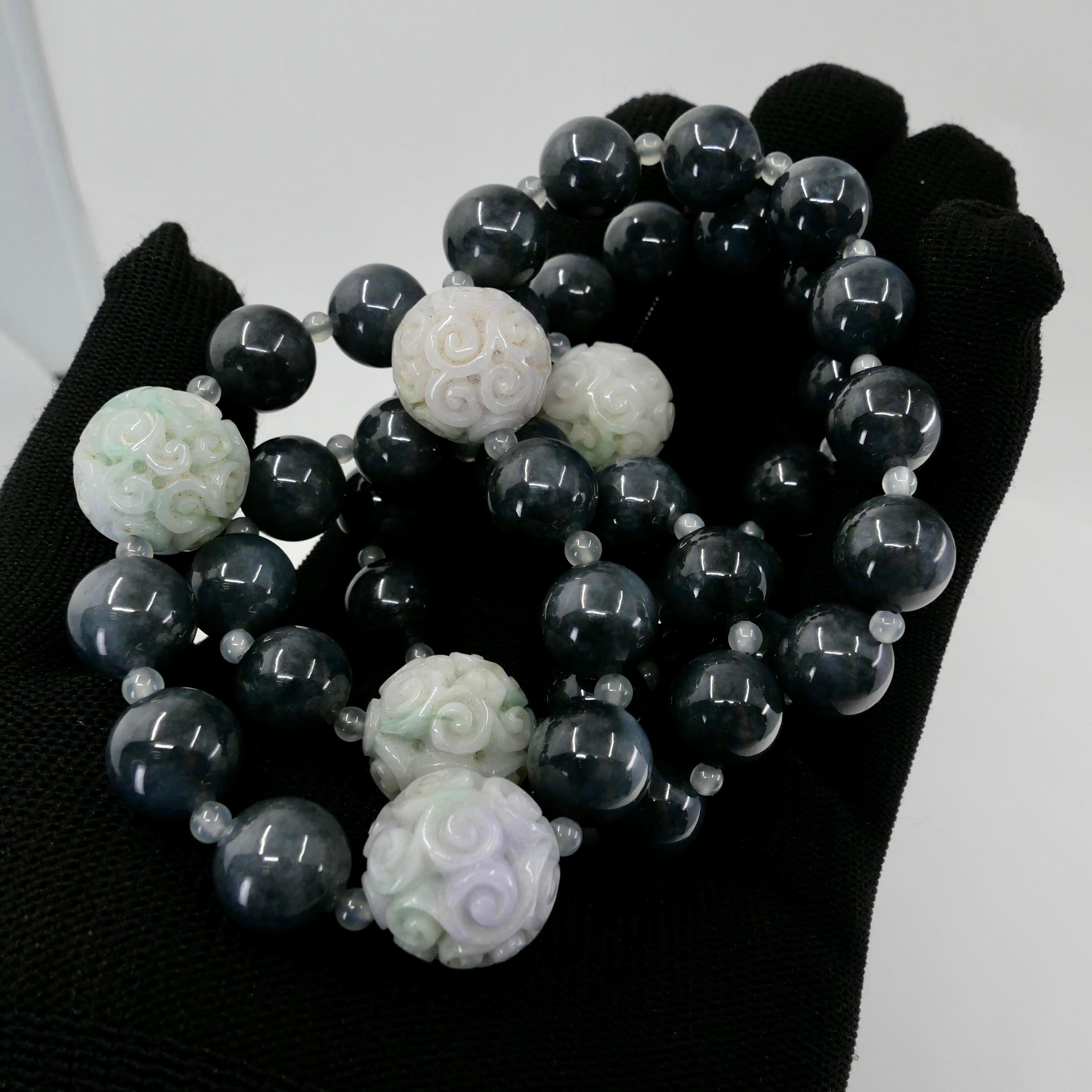 Certified 850cts Jade Bead Necklace, Lavender, Green, Black & Grey, Lucky Jade For Sale 5