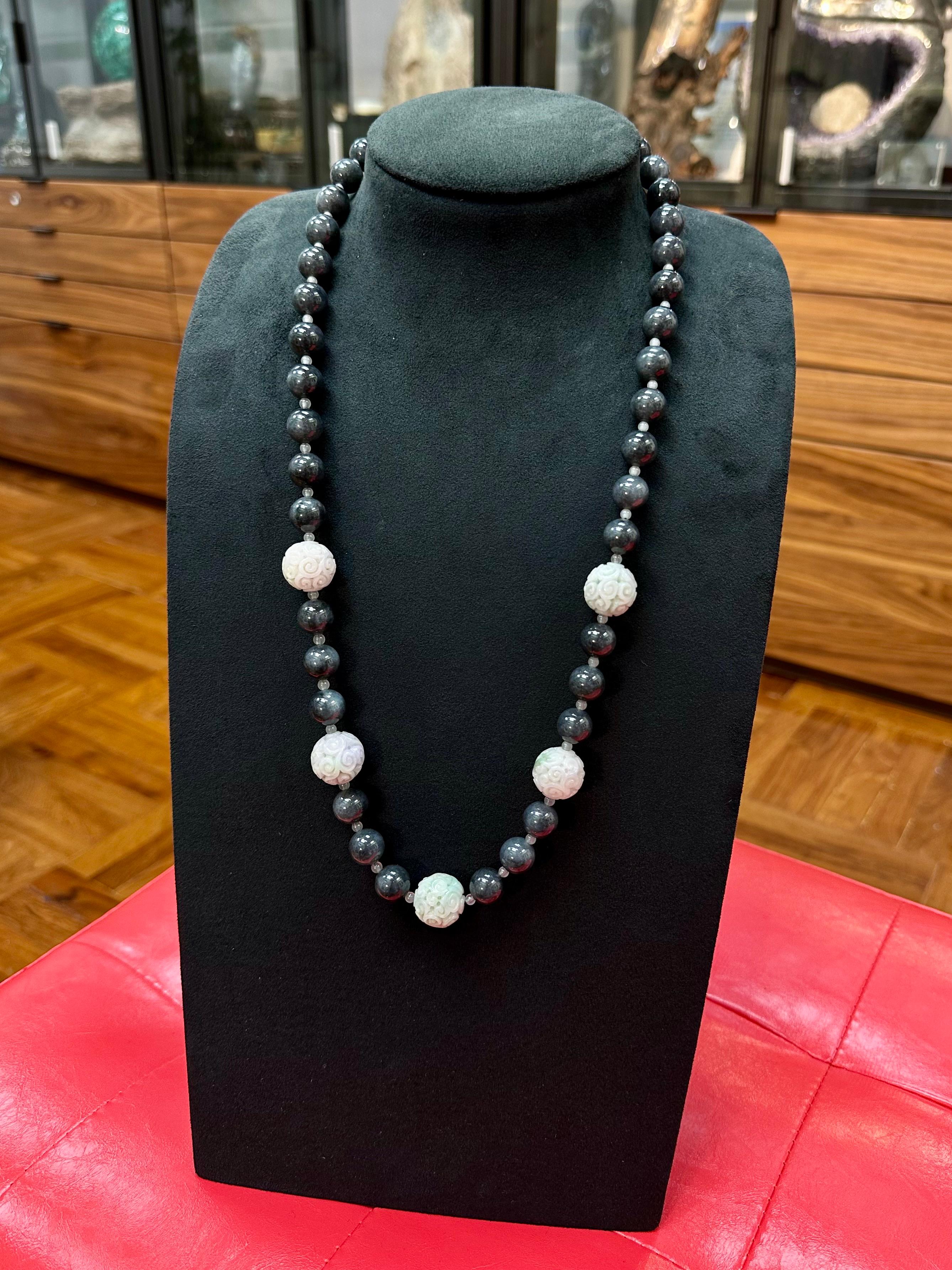 Certified 850cts Jade Bead Necklace, Lavender, Green, Black & Grey, Lucky Jade For Sale 6