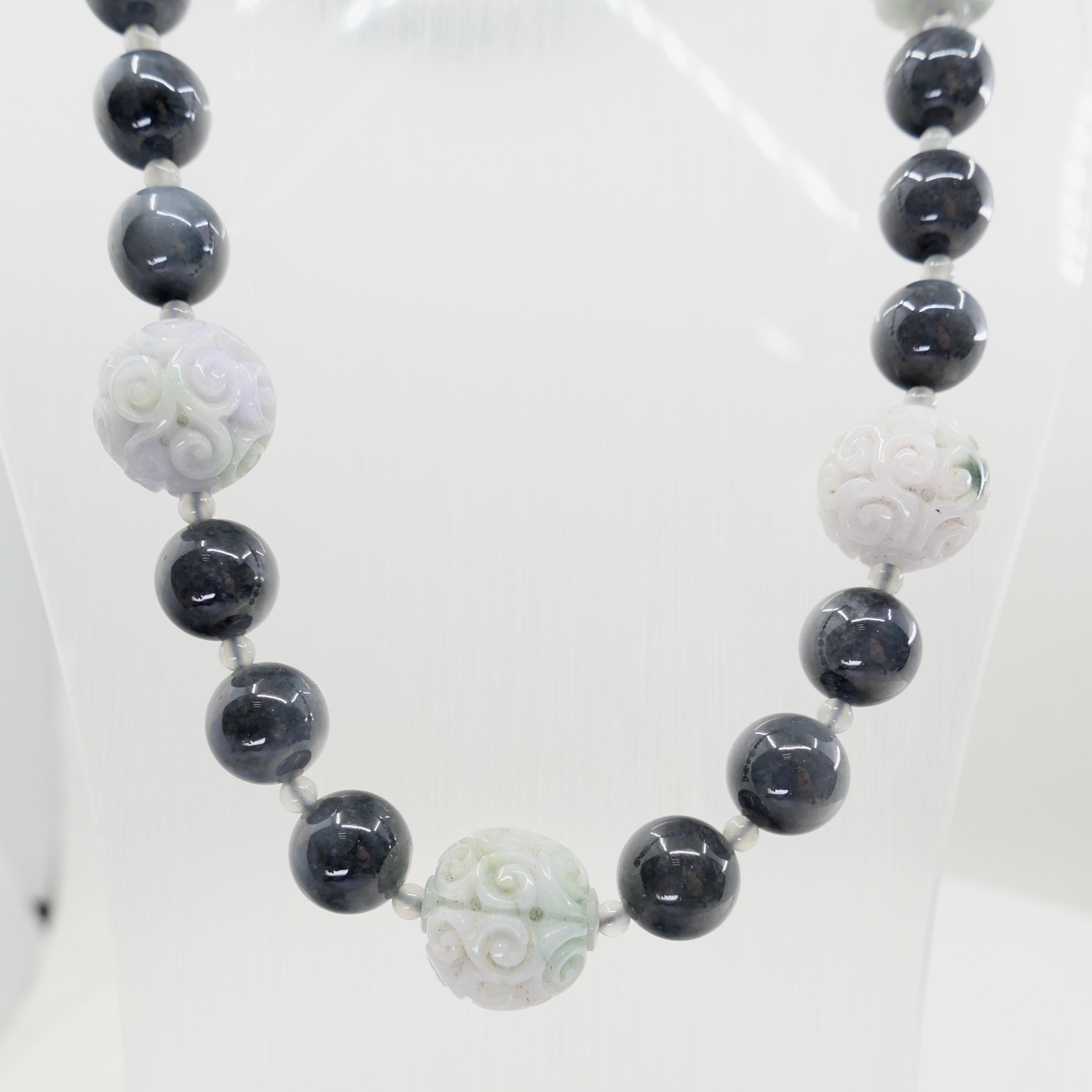 Certified 850cts Jade Bead Necklace, Lavender, Green, Black & Grey, Lucky Jade For Sale 4