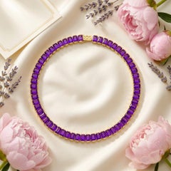 Certified 85.20 Ct Natural Amethyst Tennis Necklace 14K Gold Luxury Necklace