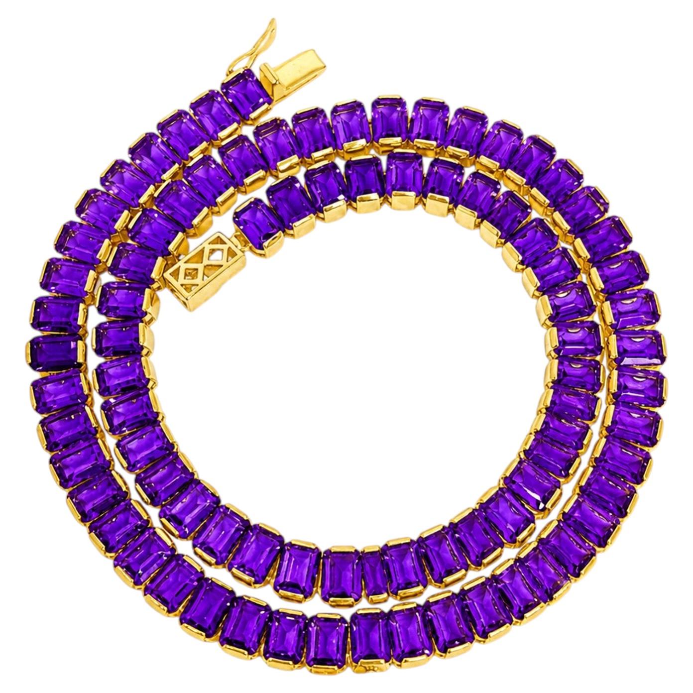 Zertifizierte 85,20 Karat natürliche Amethyst Tennis Halskette 14K Gold Luxus Halskette