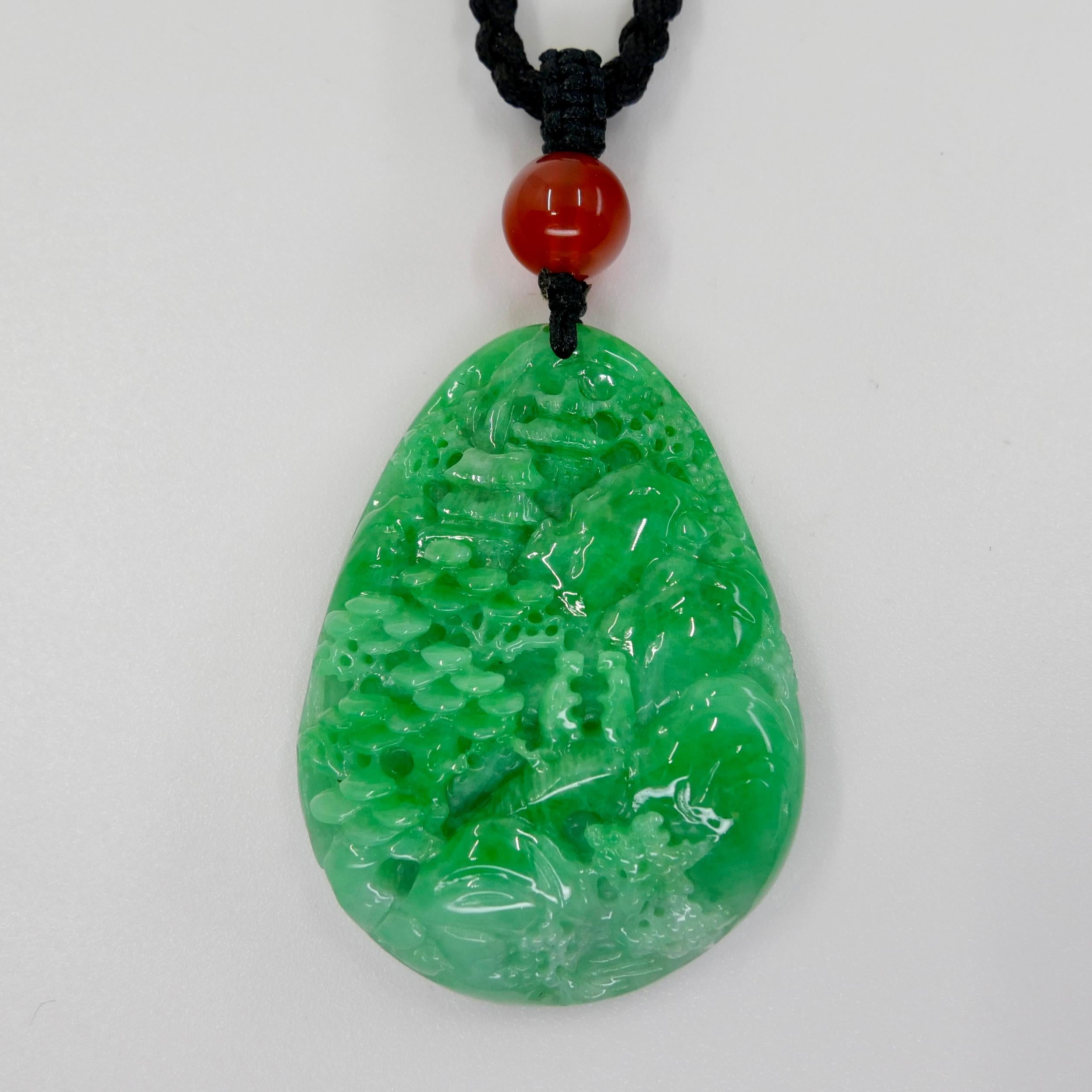 Certified 85.70cts Natural Apple Green Jade Pendant Necklace Exquisite Carving For Sale 5