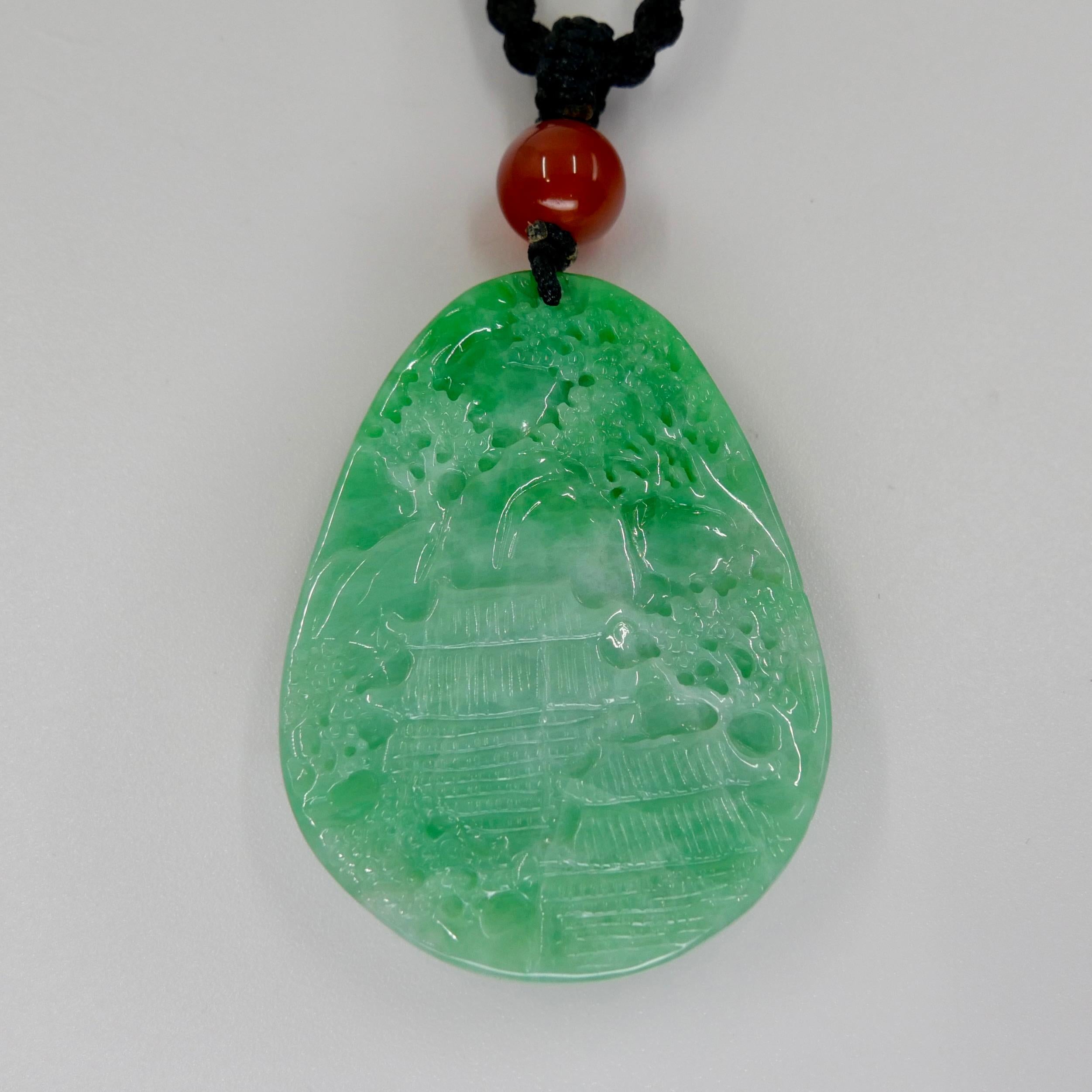 Certified 85.70cts Natural Apple Green Jade Pendant Necklace Exquisite Carving For Sale 6