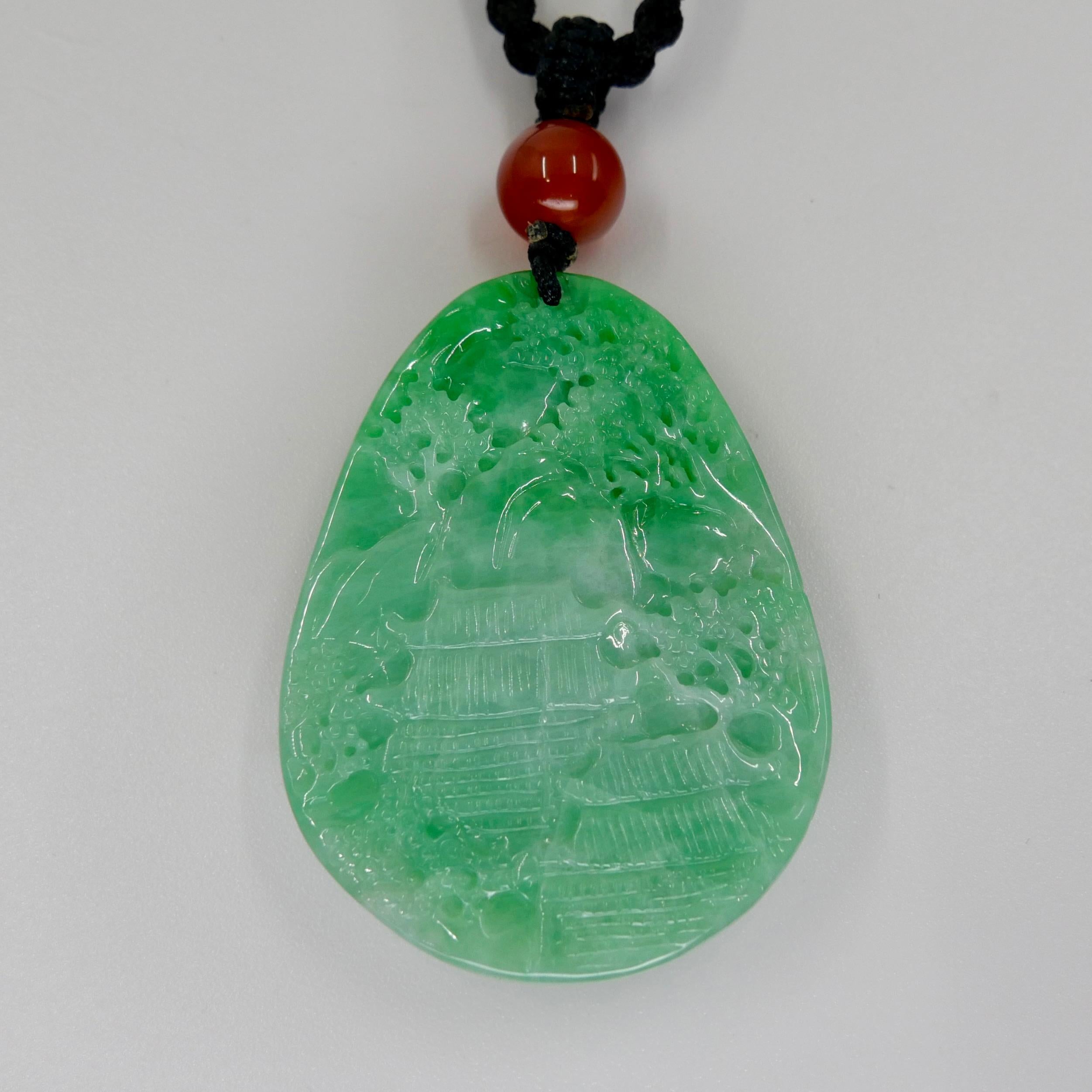 Certified 85.70cts Natural Apple Green Jade Pendant Necklace Exquisite Carving For Sale 4