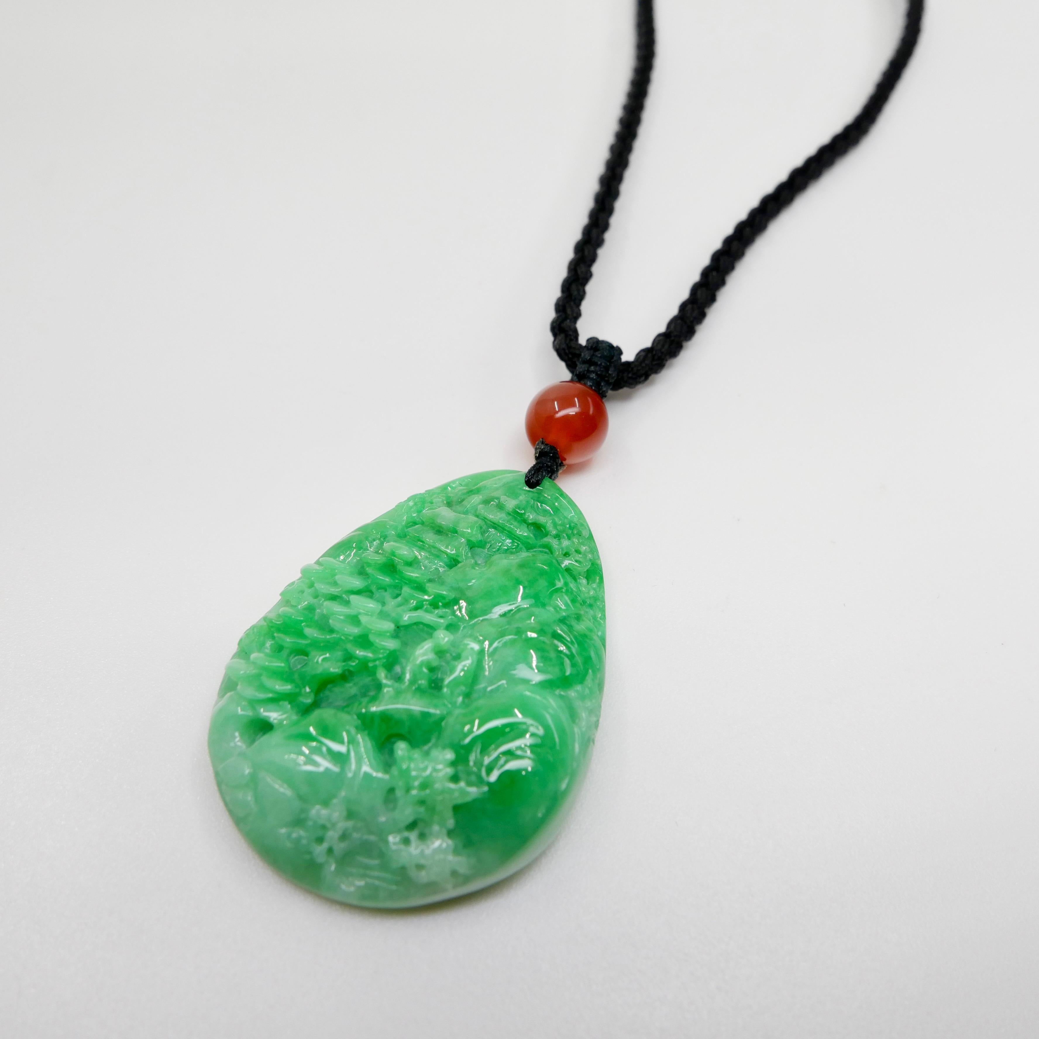Certified 85.70cts Natural Apple Green Jade Pendant Necklace Exquisite Carving For Sale 7