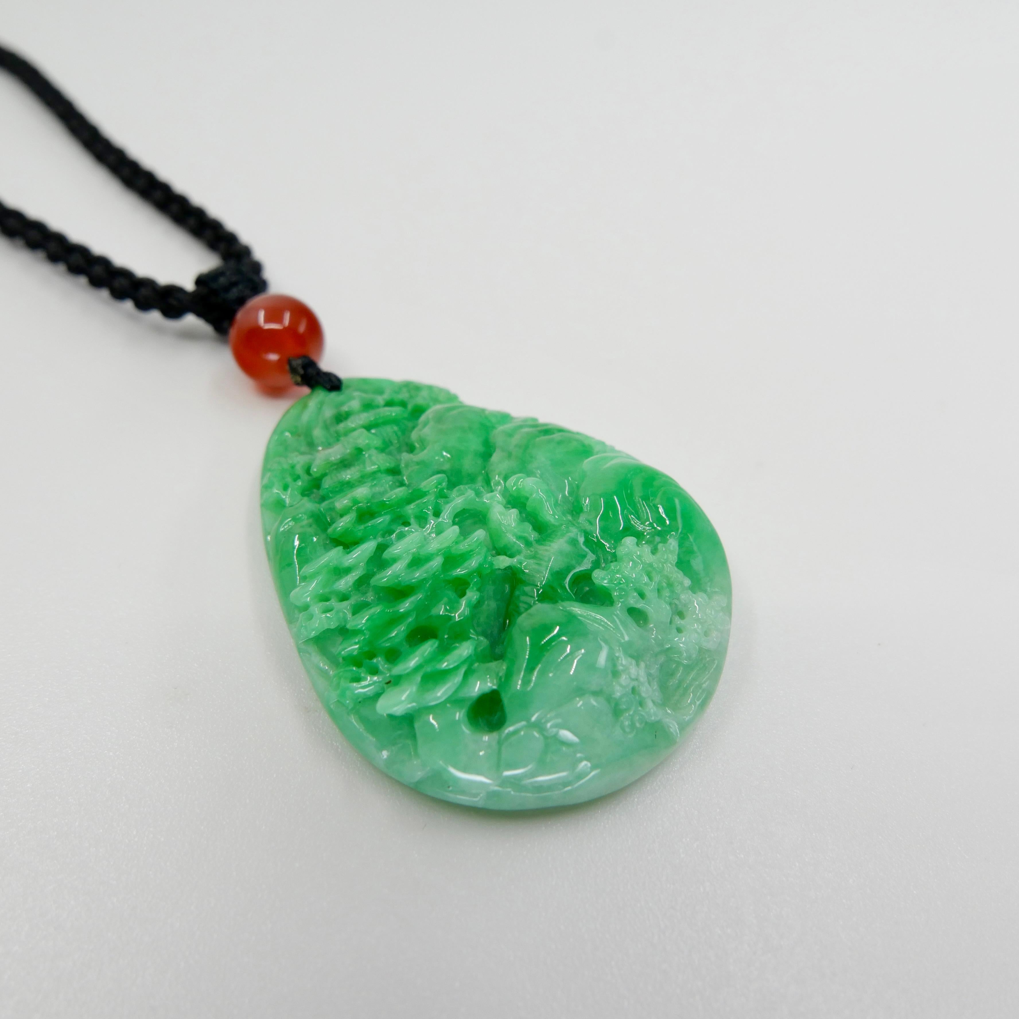 Certified 85.70cts Natural Apple Green Jade Pendant Necklace Exquisite Carving For Sale 8