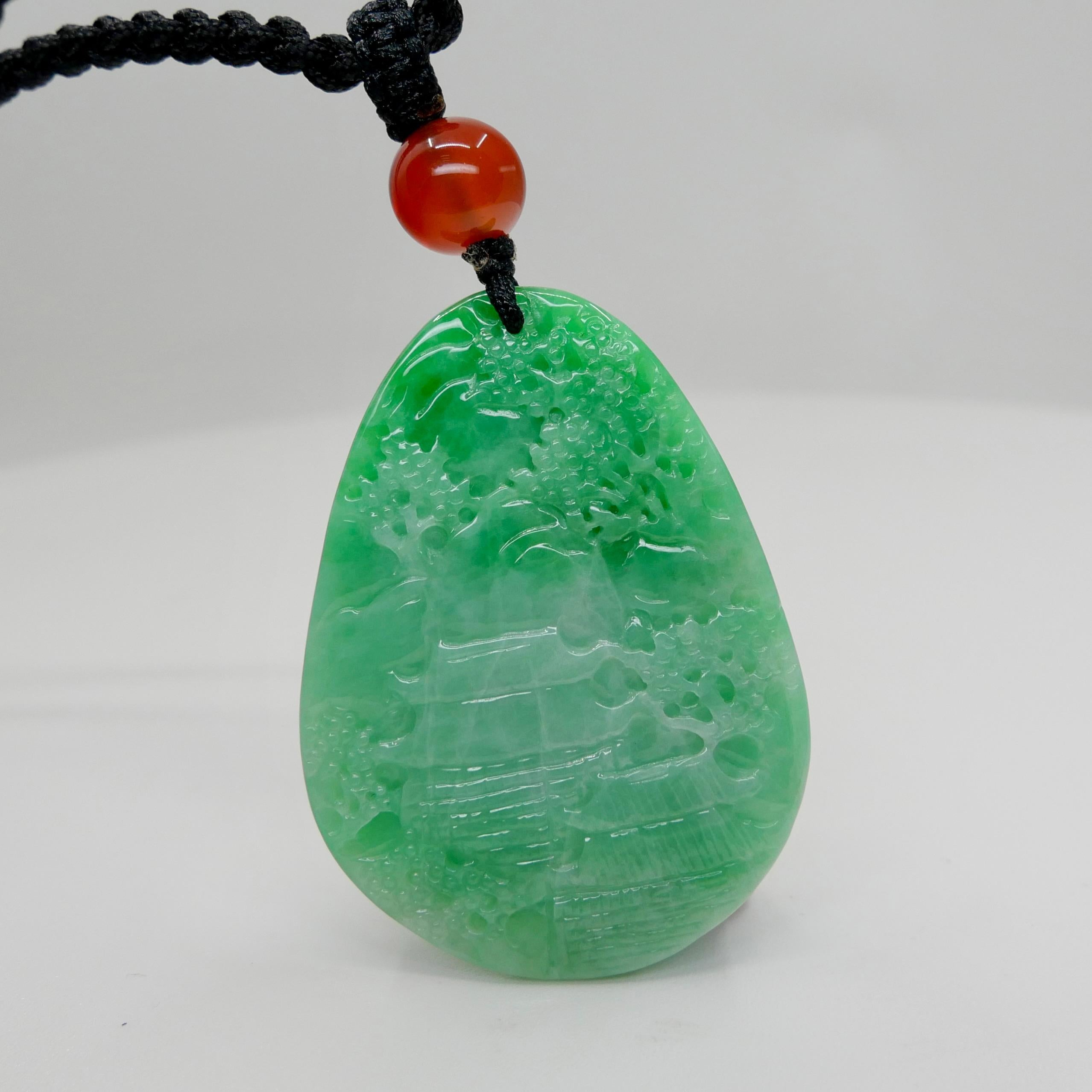 Certified 85.70cts Natural Apple Green Jade Pendant Necklace Exquisite Carving For Sale 9
