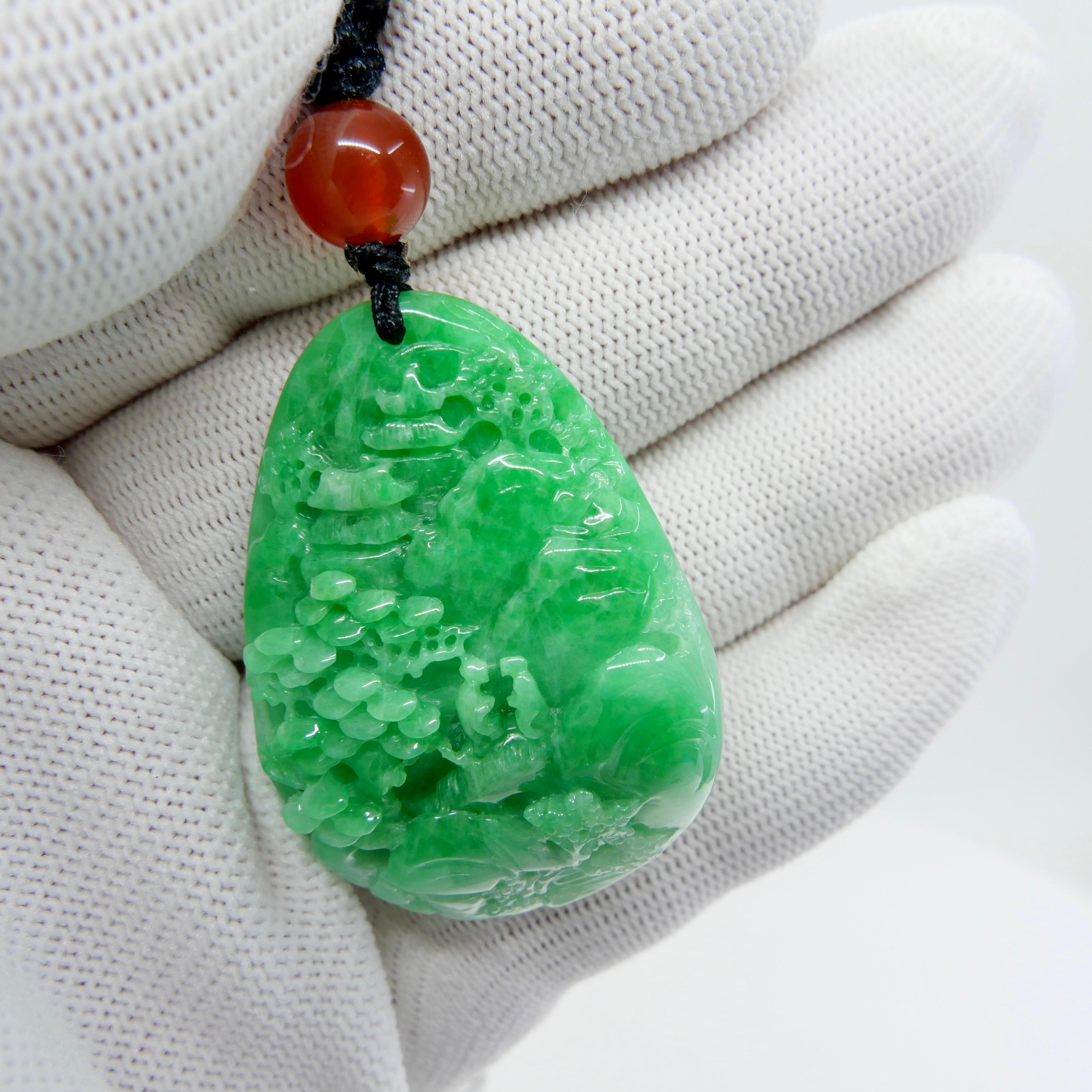 Certified 85.70cts Natural Apple Green Jade Pendant Necklace Exquisite Carving For Sale 10
