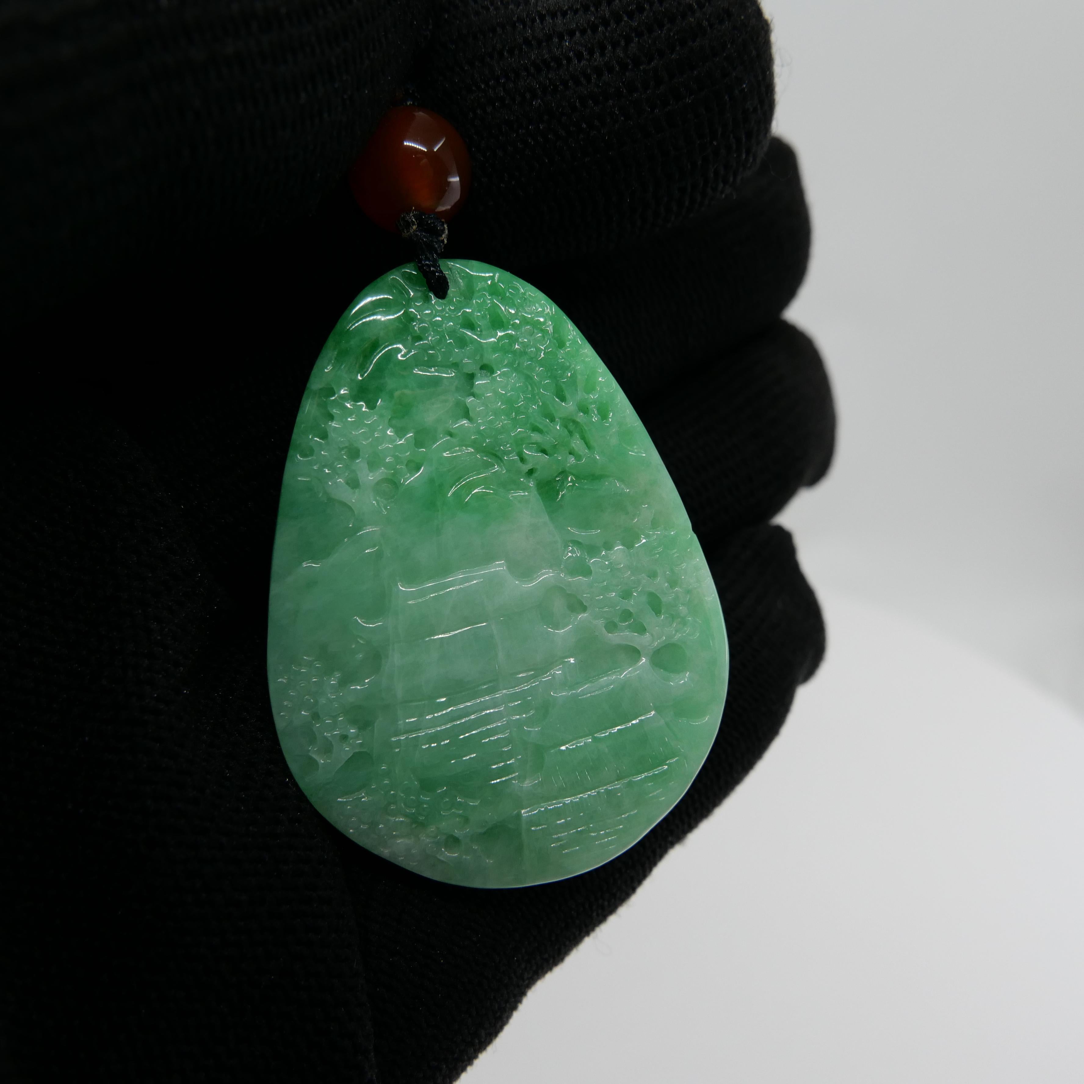Certified 85.70cts Natural Apple Green Jade Pendant Necklace Exquisite Carving For Sale 11