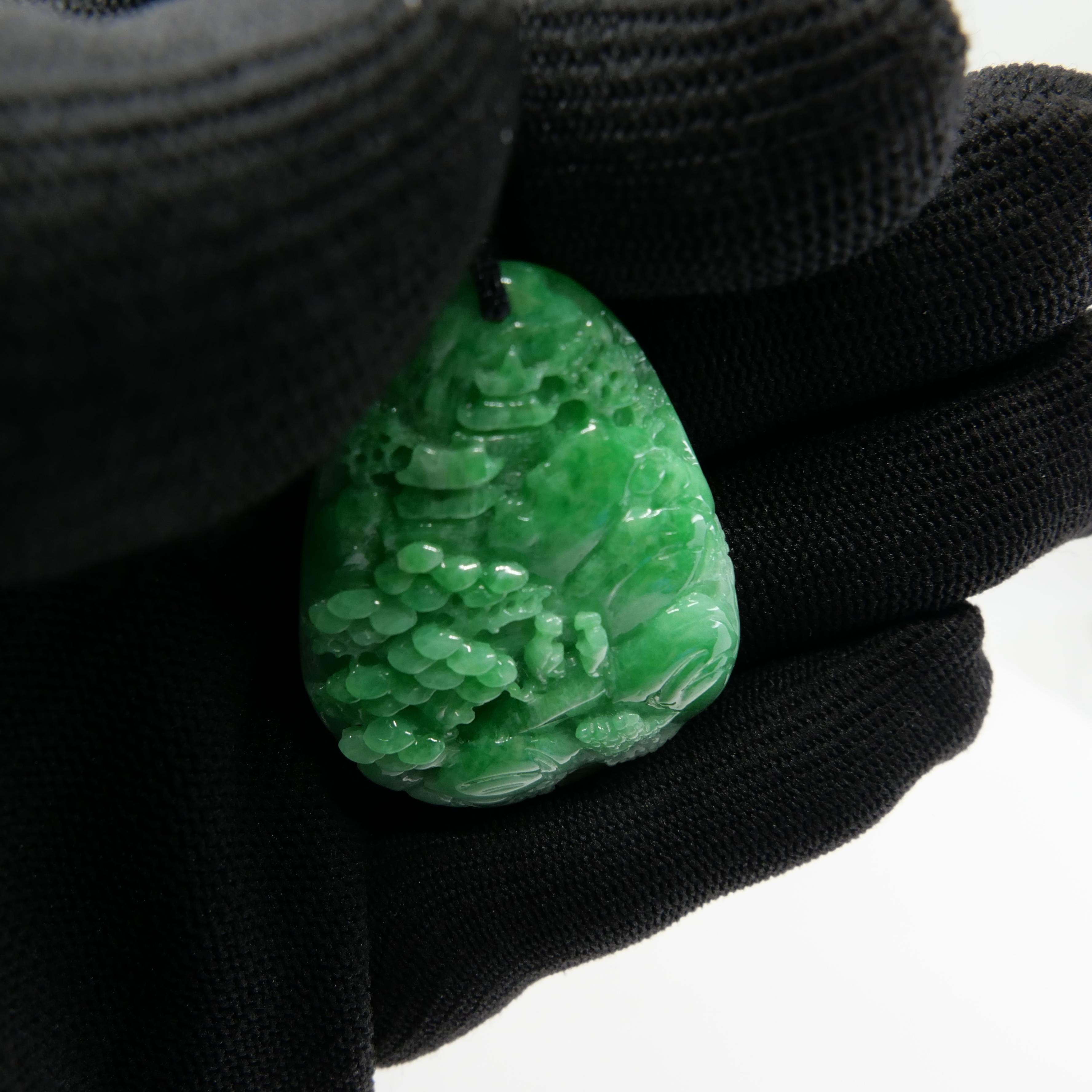 Collier pendentif magnifique sculpté en jade vert pomme naturel certifié 85,70 carats en vente 13